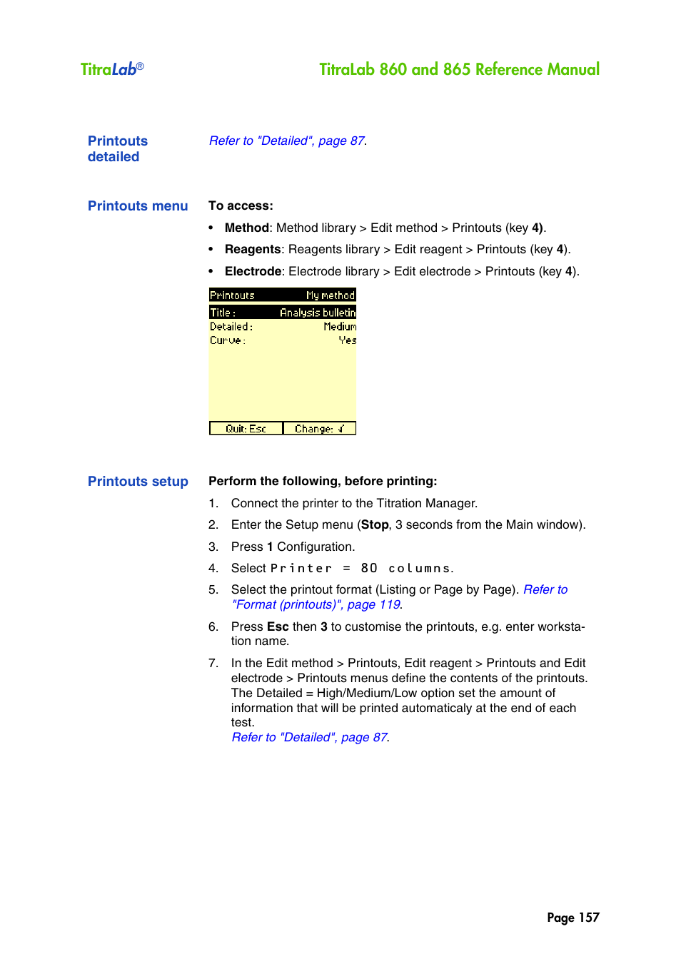 Printouts detailed, Printouts menu, Printouts setup | Titra lab | Hach-Lange TITRALAB 860_865 Reference Manual User Manual | Page 157 / 244