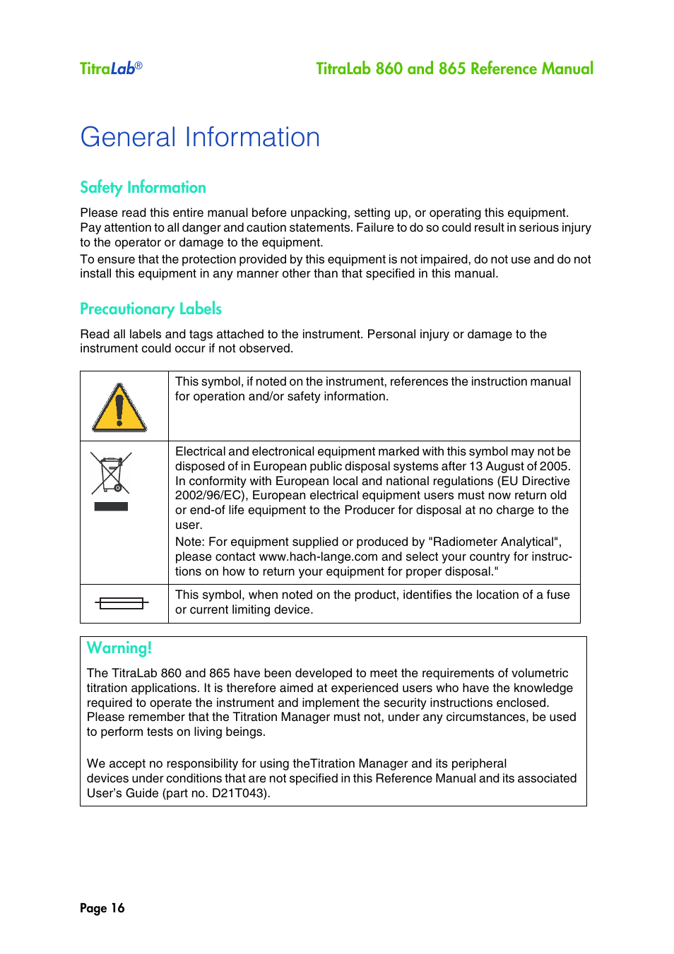 General information | Hach-Lange TITRALAB 860_865 Reference Manual User Manual | Page 16 / 244