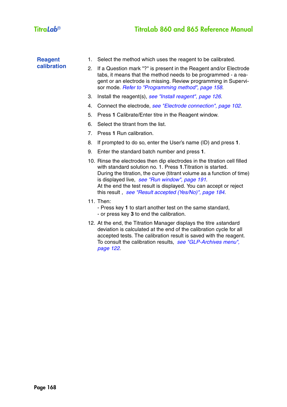 Reagent calibration, Refer to "reagent, Titra lab | Hach-Lange TITRALAB 860_865 Reference Manual User Manual | Page 168 / 244