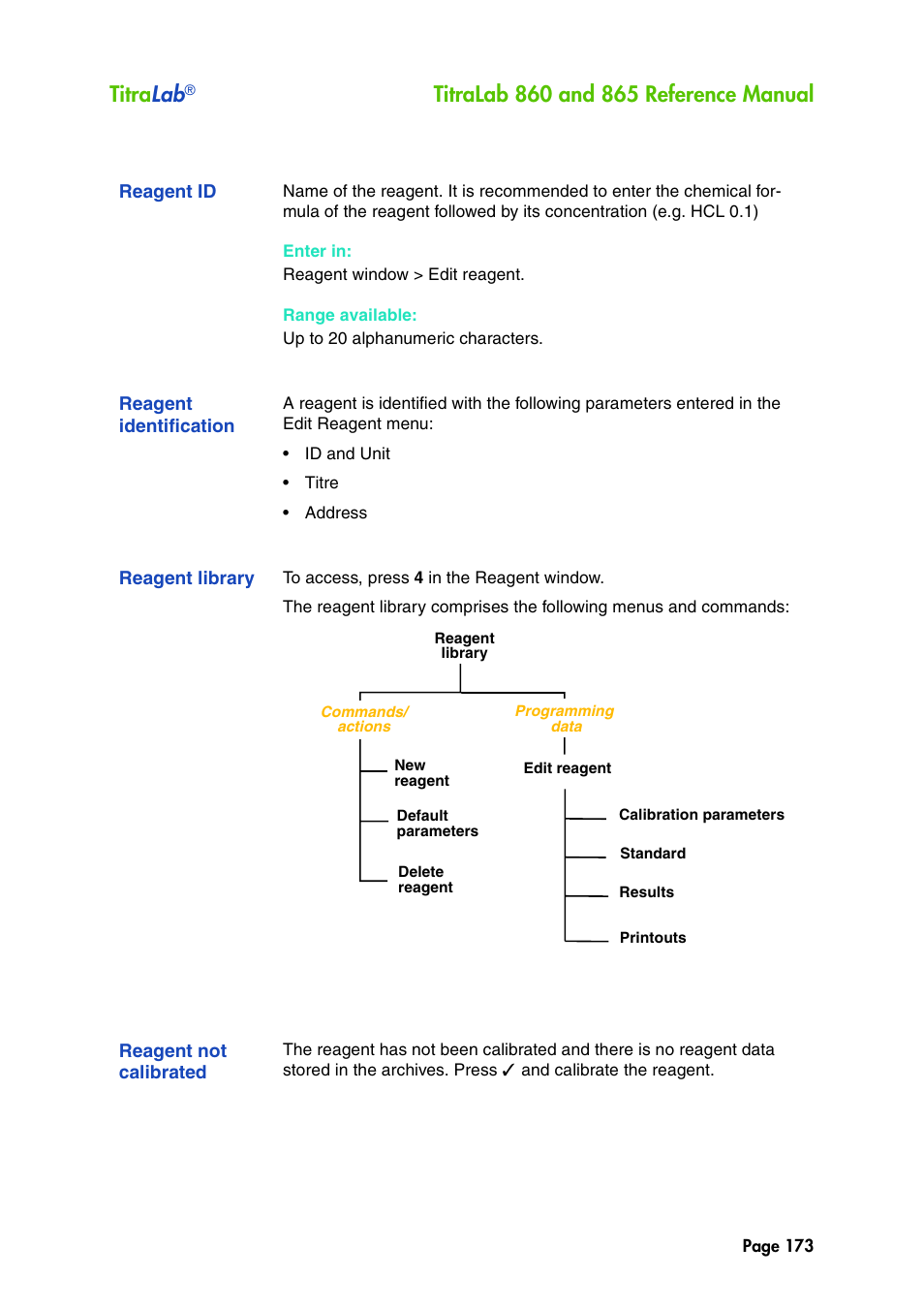 Reagent id, Reagent identification, Reagent library | Reagent not calibrated, Titra lab | Hach-Lange TITRALAB 860_865 Reference Manual User Manual | Page 173 / 244