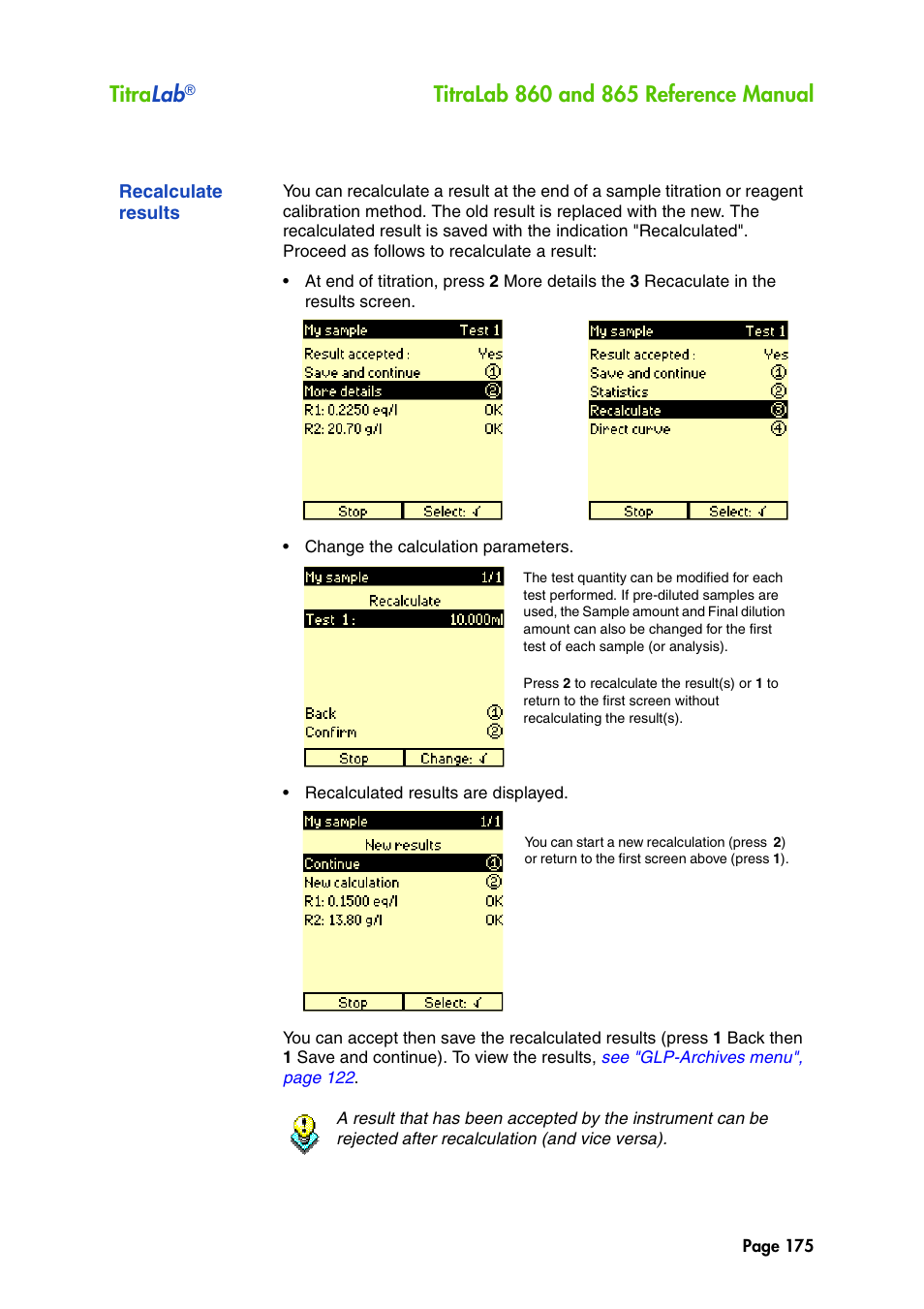 Recalculate results, Titra lab | Hach-Lange TITRALAB 860_865 Reference Manual User Manual | Page 175 / 244