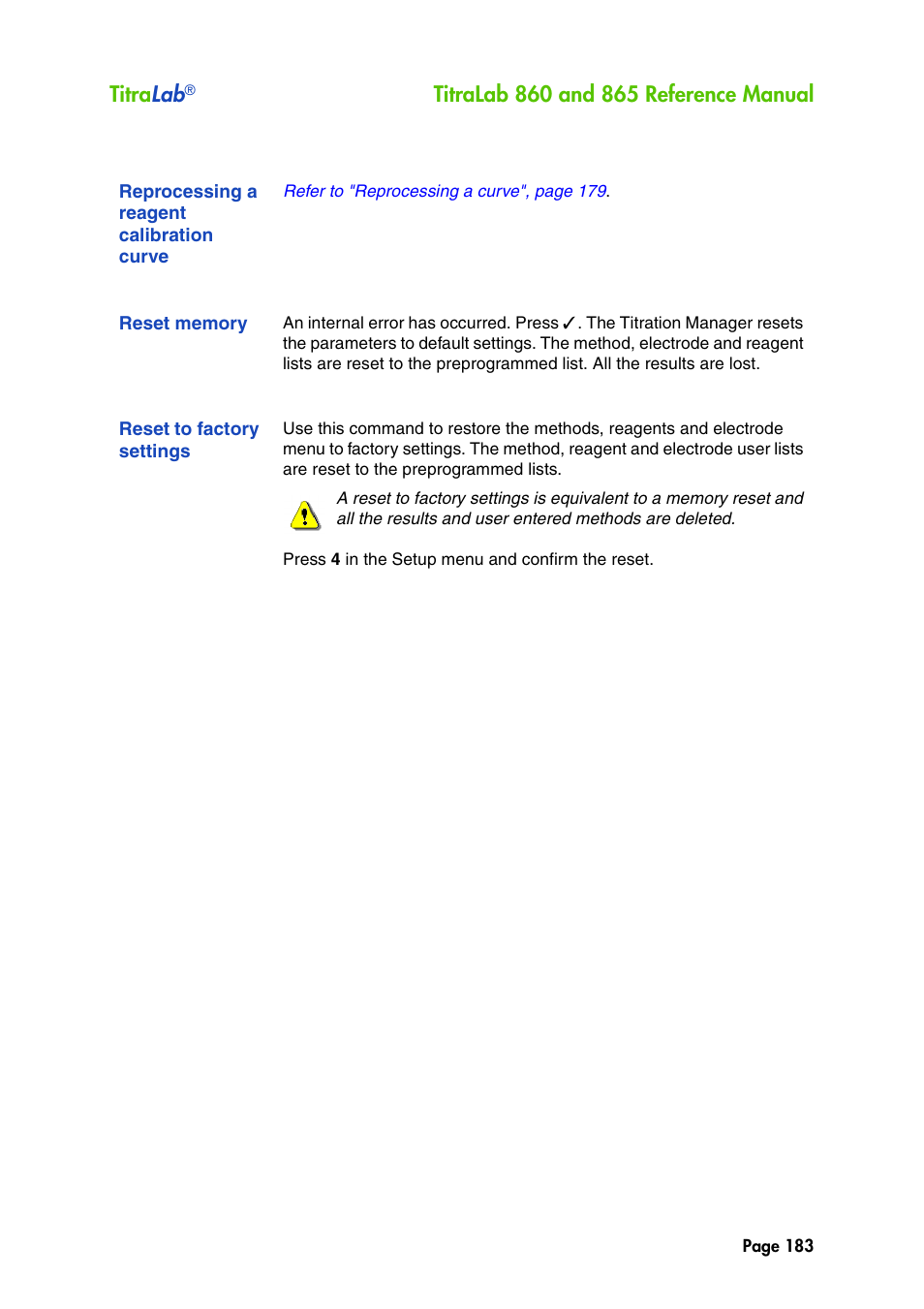 Reprocessing a reagent calibration curve, Reset memory, Reset to factory settings | Titra lab | Hach-Lange TITRALAB 860_865 Reference Manual User Manual | Page 183 / 244