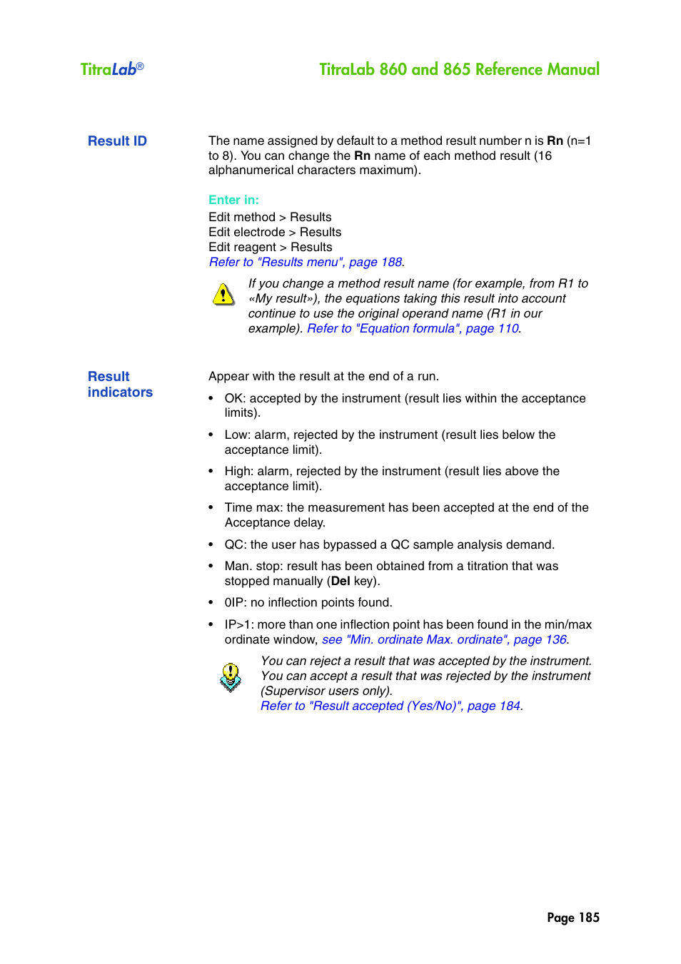 Result id, Result indicators, Titra lab | Hach-Lange TITRALAB 860_865 Reference Manual User Manual | Page 185 / 244