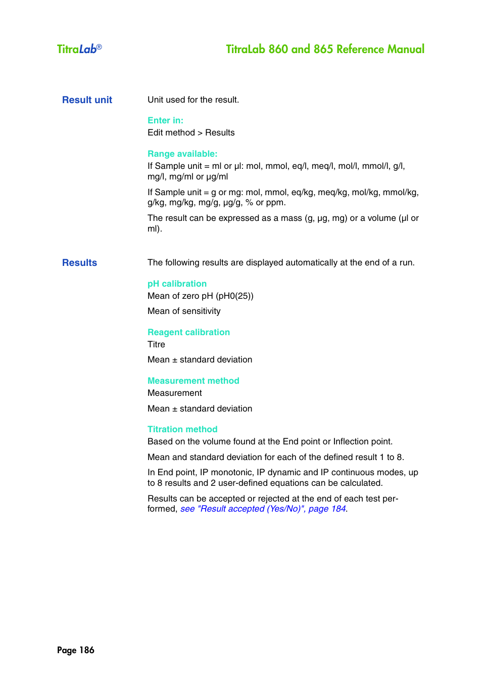 Result unit, Results, Titra lab | Hach-Lange TITRALAB 860_865 Reference Manual User Manual | Page 186 / 244