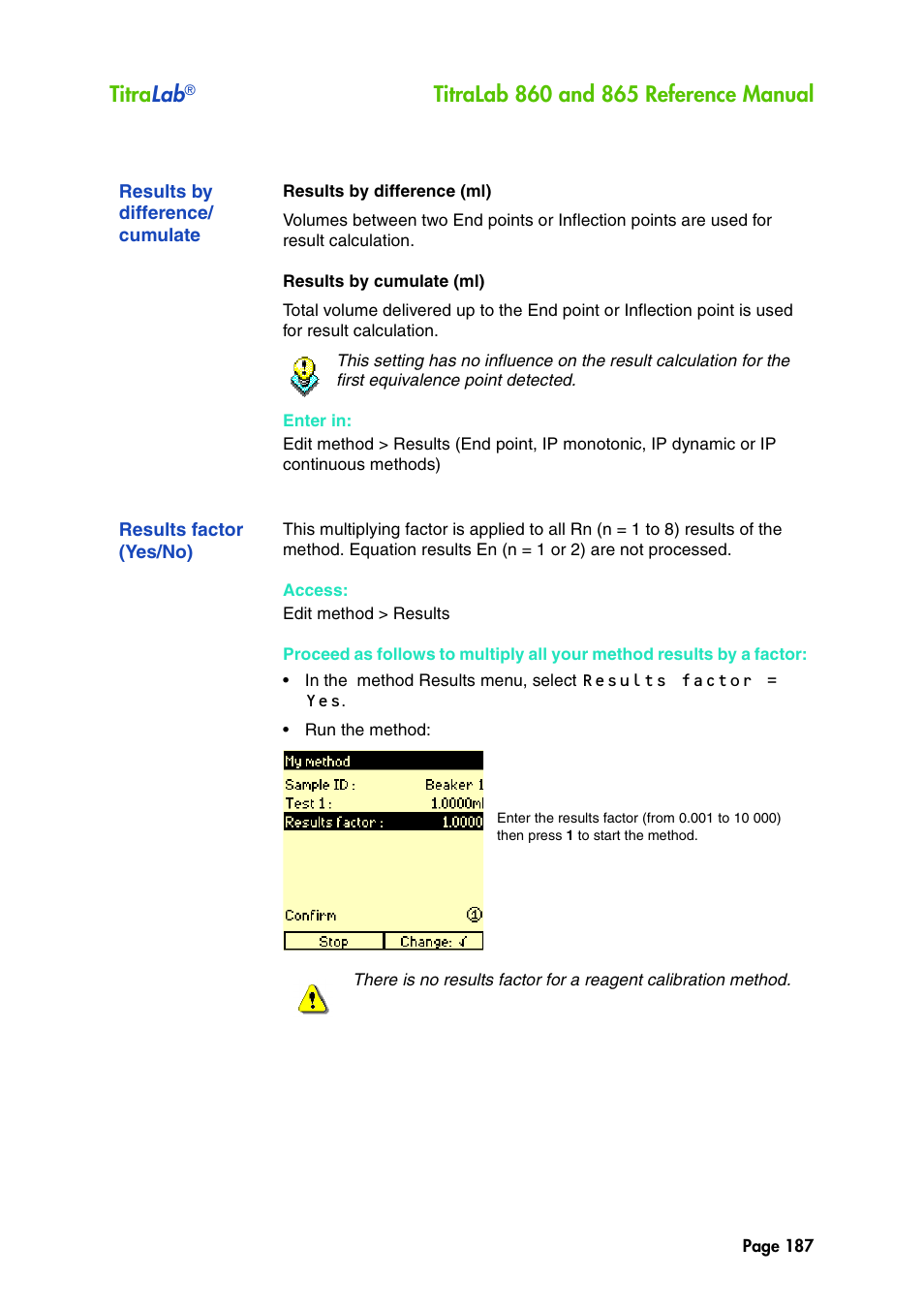 Results by difference/ cumulate, Results factor (yes/no), Results by difference/cumulate | Titra lab | Hach-Lange TITRALAB 860_865 Reference Manual User Manual | Page 187 / 244