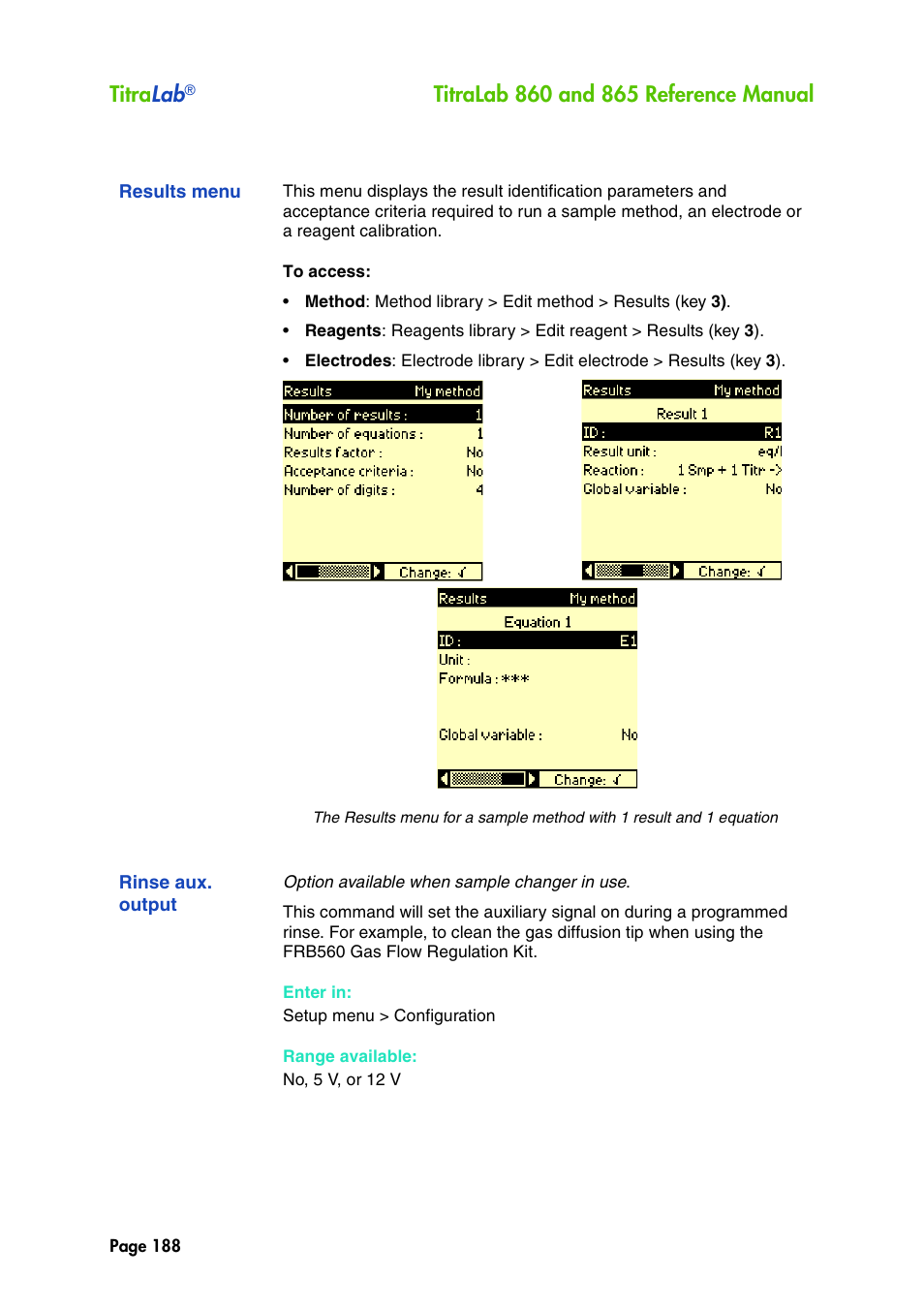 Results menu, Rinse aux. output, Titra lab | Hach-Lange TITRALAB 860_865 Reference Manual User Manual | Page 188 / 244