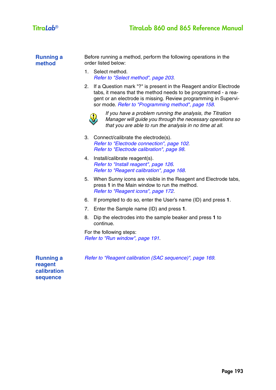 Running a method, Running a reagent calibration sequence, Titra lab | Hach-Lange TITRALAB 860_865 Reference Manual User Manual | Page 193 / 244
