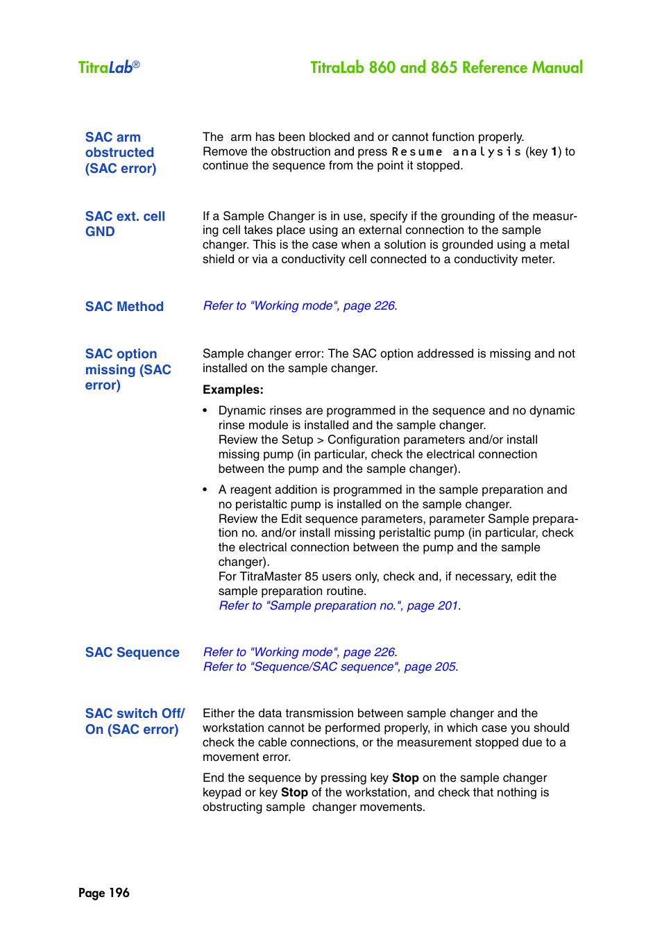 Sac arm obstructed (sac error), Sac ext. cell gnd, Sac method | Sac option missing (sac error), Sac sequence, Sac switch off/ on (sac error), Sac switch off/on (sac error), Titra lab | Hach-Lange TITRALAB 860_865 Reference Manual User Manual | Page 196 / 244