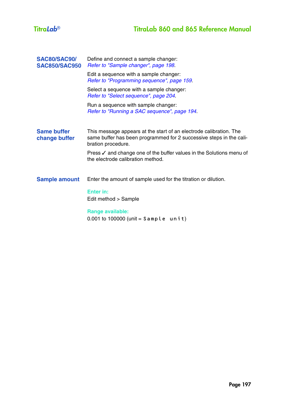 Sac80/sac90/ sac850/sac950, Same buffer change buffer, Sample amount | Sac80/sac90/sac850/sac950, Titra lab | Hach-Lange TITRALAB 860_865 Reference Manual User Manual | Page 197 / 244