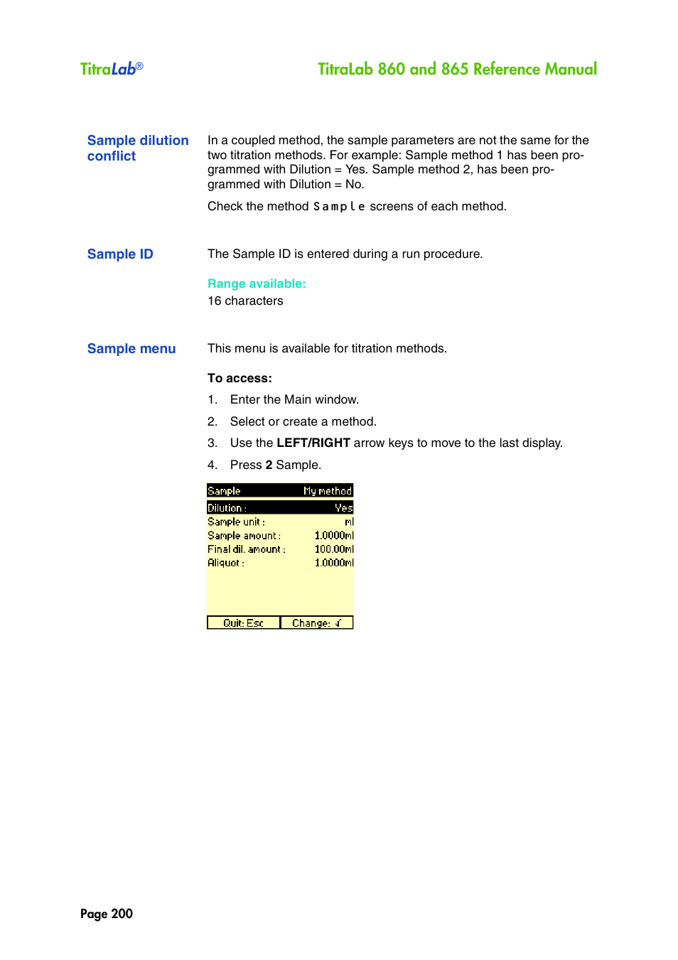 Sample dilution conflict, Sample id, Sample menu | Titra lab | Hach-Lange TITRALAB 860_865 Reference Manual User Manual | Page 200 / 244