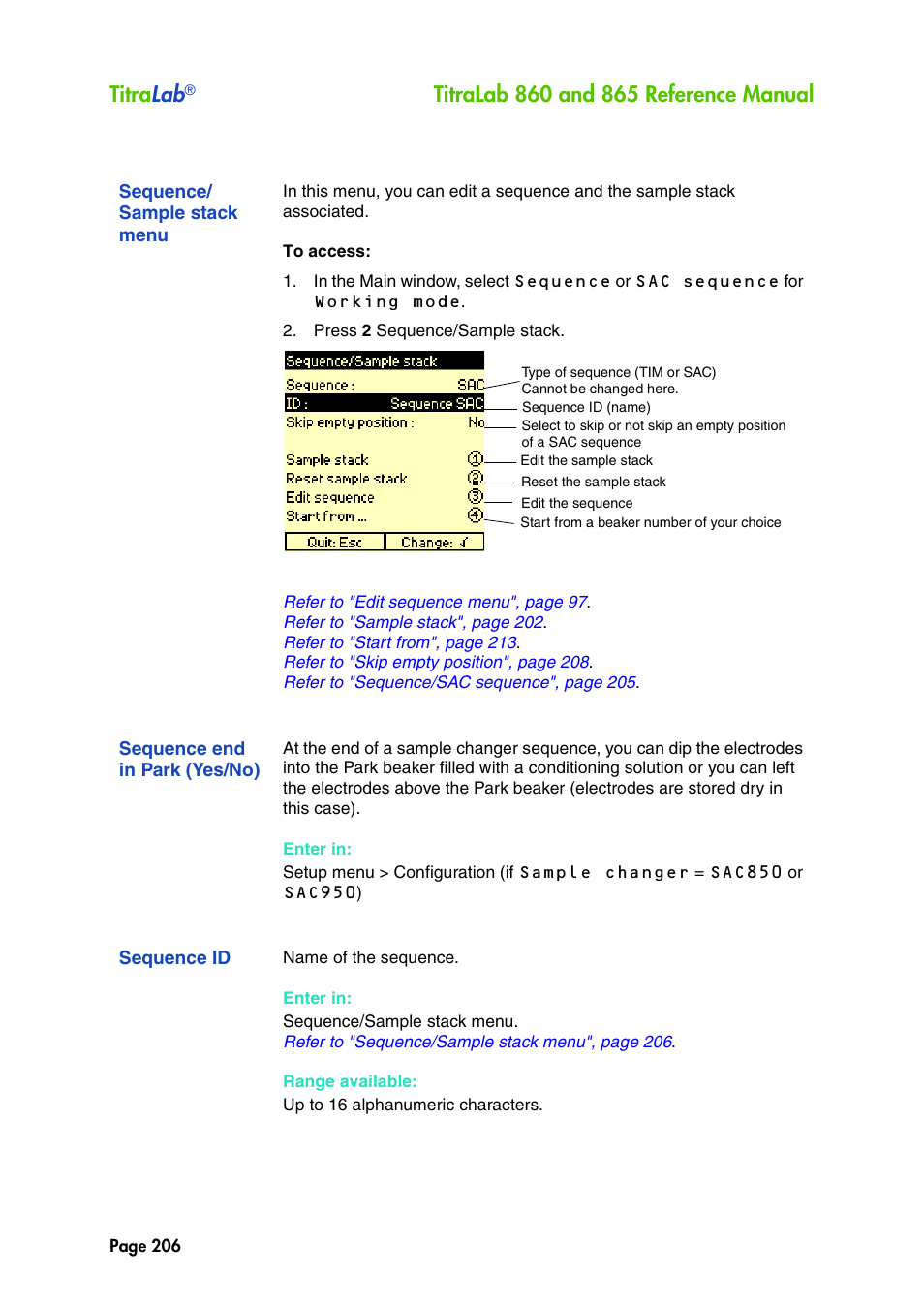 Sequence/ sample stack menu, Sequence end in park (yes/no), Sequence id | Sequence/sample stack menu, Titra lab | Hach-Lange TITRALAB 860_865 Reference Manual User Manual | Page 206 / 244