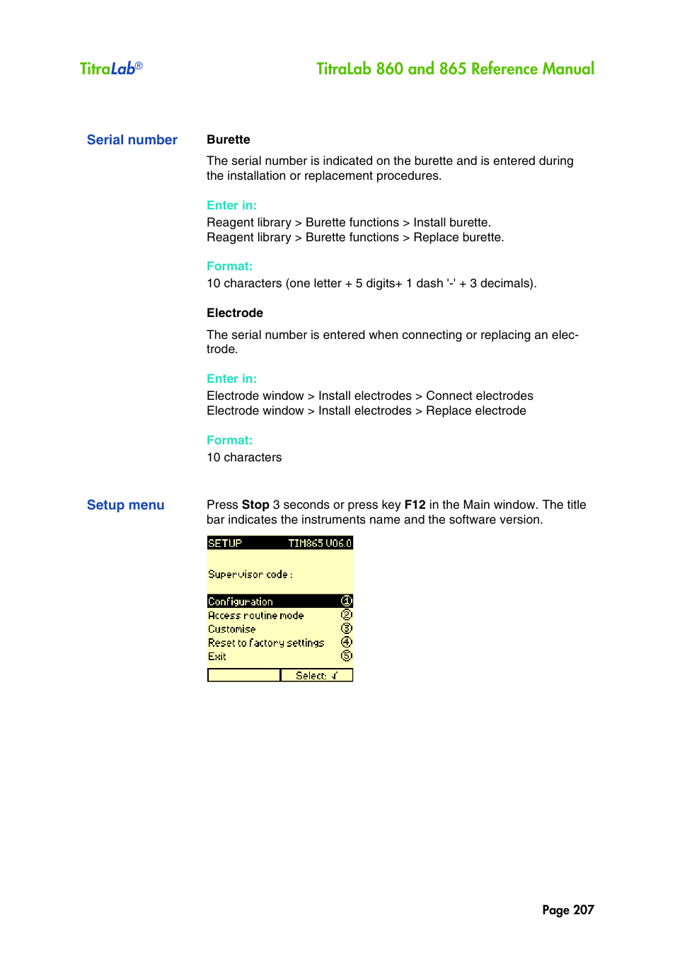 Serial number, Setup menu, Titra lab | Hach-Lange TITRALAB 860_865 Reference Manual User Manual | Page 207 / 244