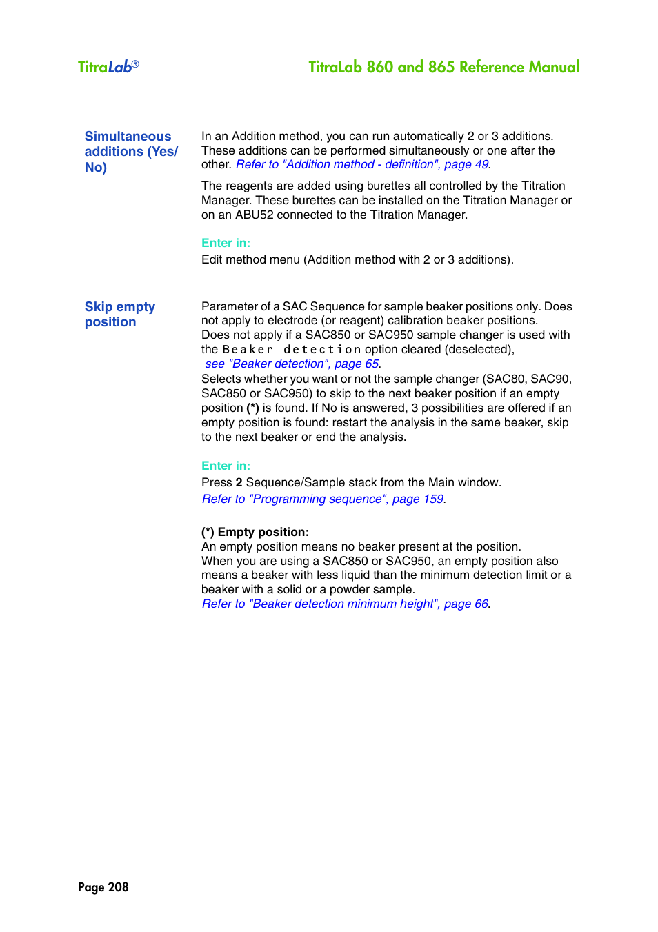 Simultaneous additions (yes/ no), Skip empty position, Simultaneous additions (yes/no) | Titra lab | Hach-Lange TITRALAB 860_865 Reference Manual User Manual | Page 208 / 244