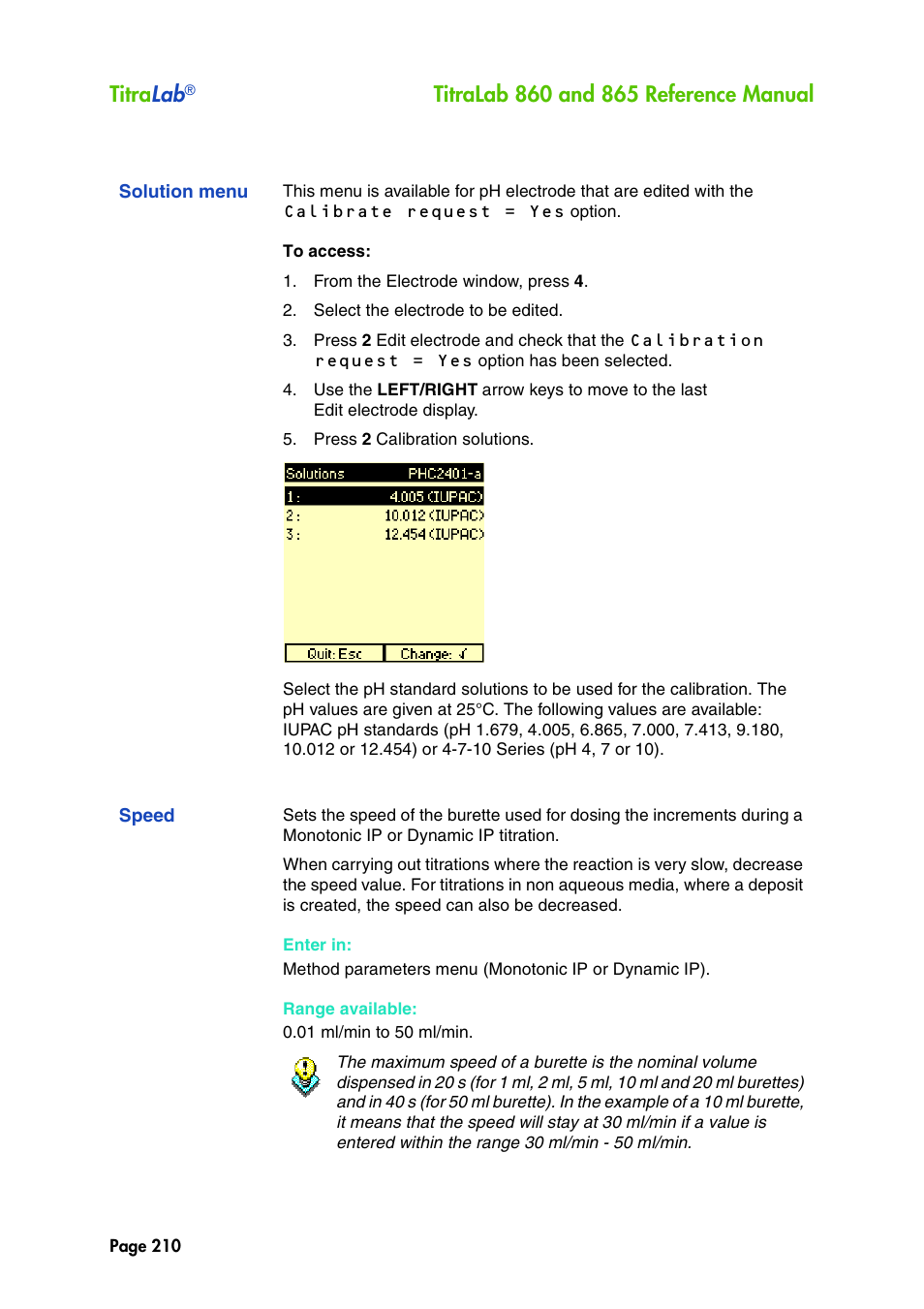 Solution menu, Speed, Titra lab | Hach-Lange TITRALAB 860_865 Reference Manual User Manual | Page 210 / 244