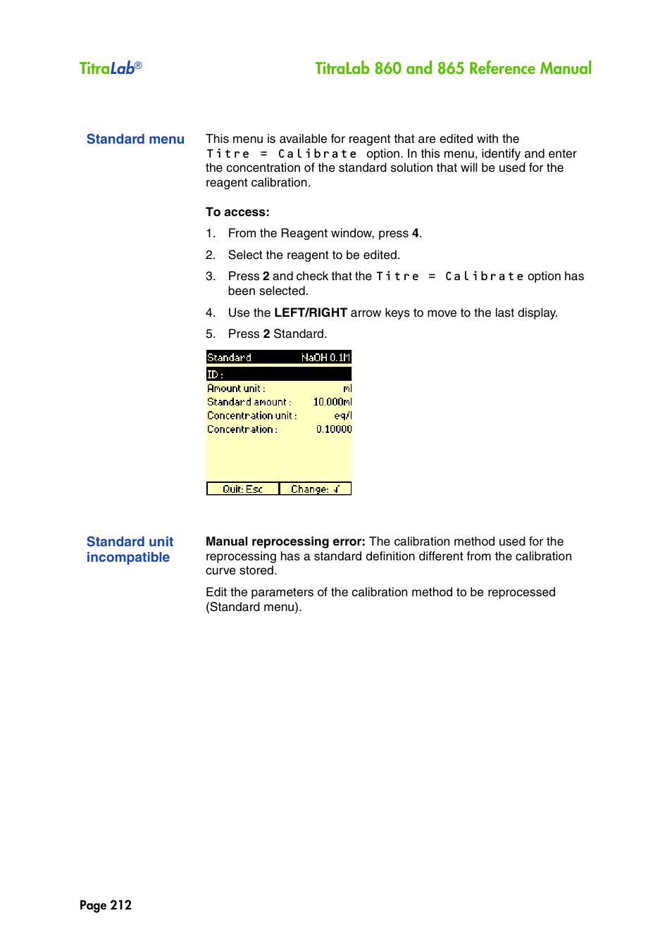 Standard menu, Standard unit incompatible, Titra lab | Hach-Lange TITRALAB 860_865 Reference Manual User Manual | Page 212 / 244