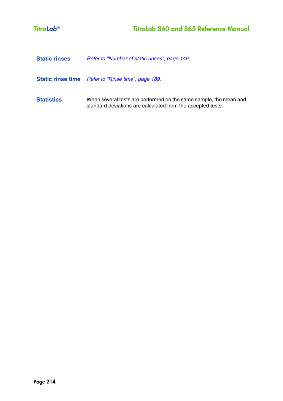 Static rinses, Static rinse time, Statistics | Titra lab | Hach-Lange TITRALAB 860_865 Reference Manual User Manual | Page 214 / 244