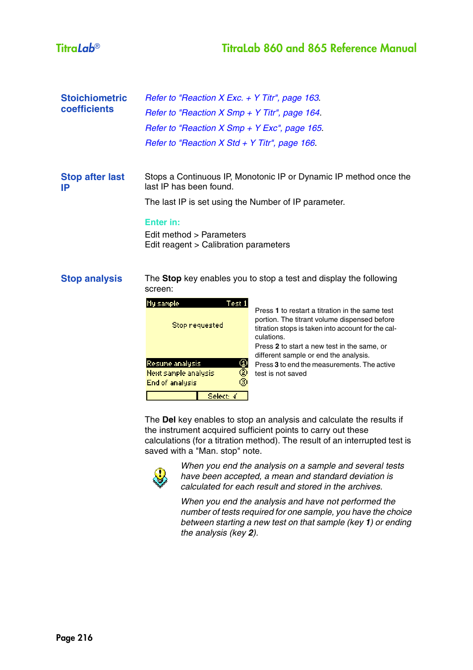 Stoichiometric coefficients, Stop after last ip, Stop analysis | Titra lab | Hach-Lange TITRALAB 860_865 Reference Manual User Manual | Page 216 / 244
