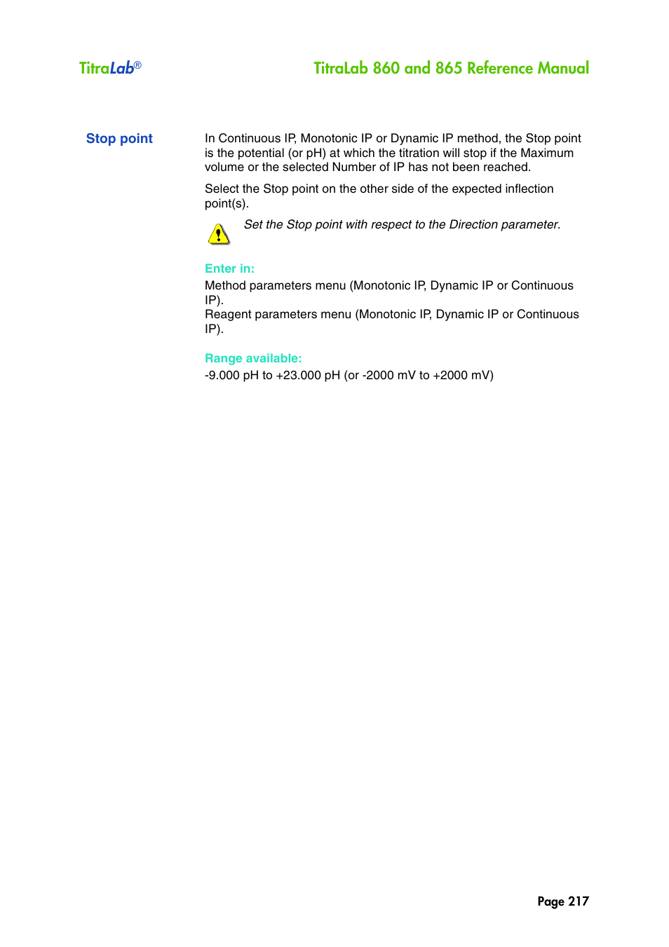 Stop point, Titra lab | Hach-Lange TITRALAB 860_865 Reference Manual User Manual | Page 217 / 244