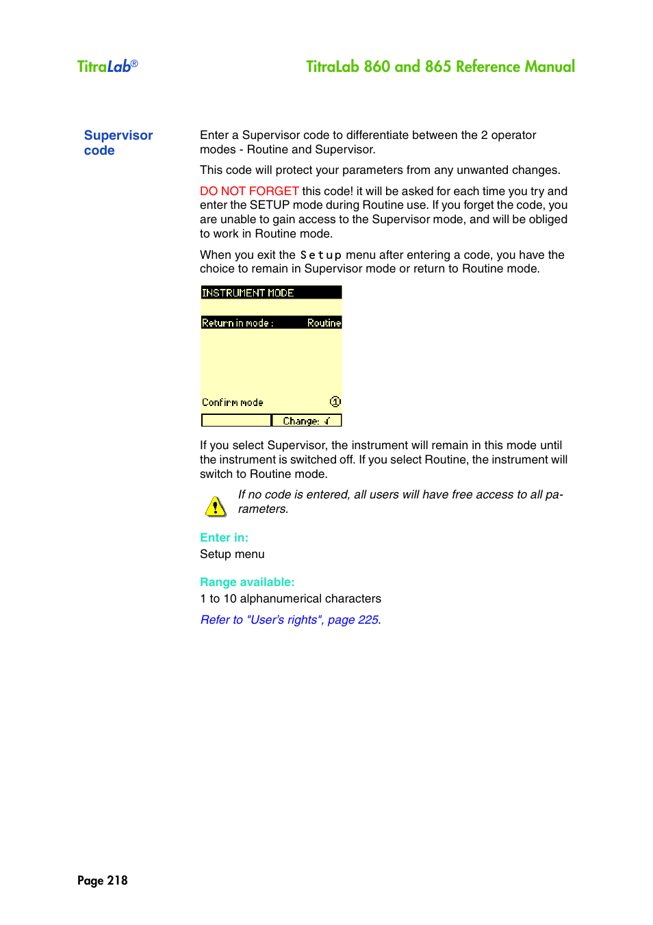 Supervisor code, Titra lab | Hach-Lange TITRALAB 860_865 Reference Manual User Manual | Page 218 / 244