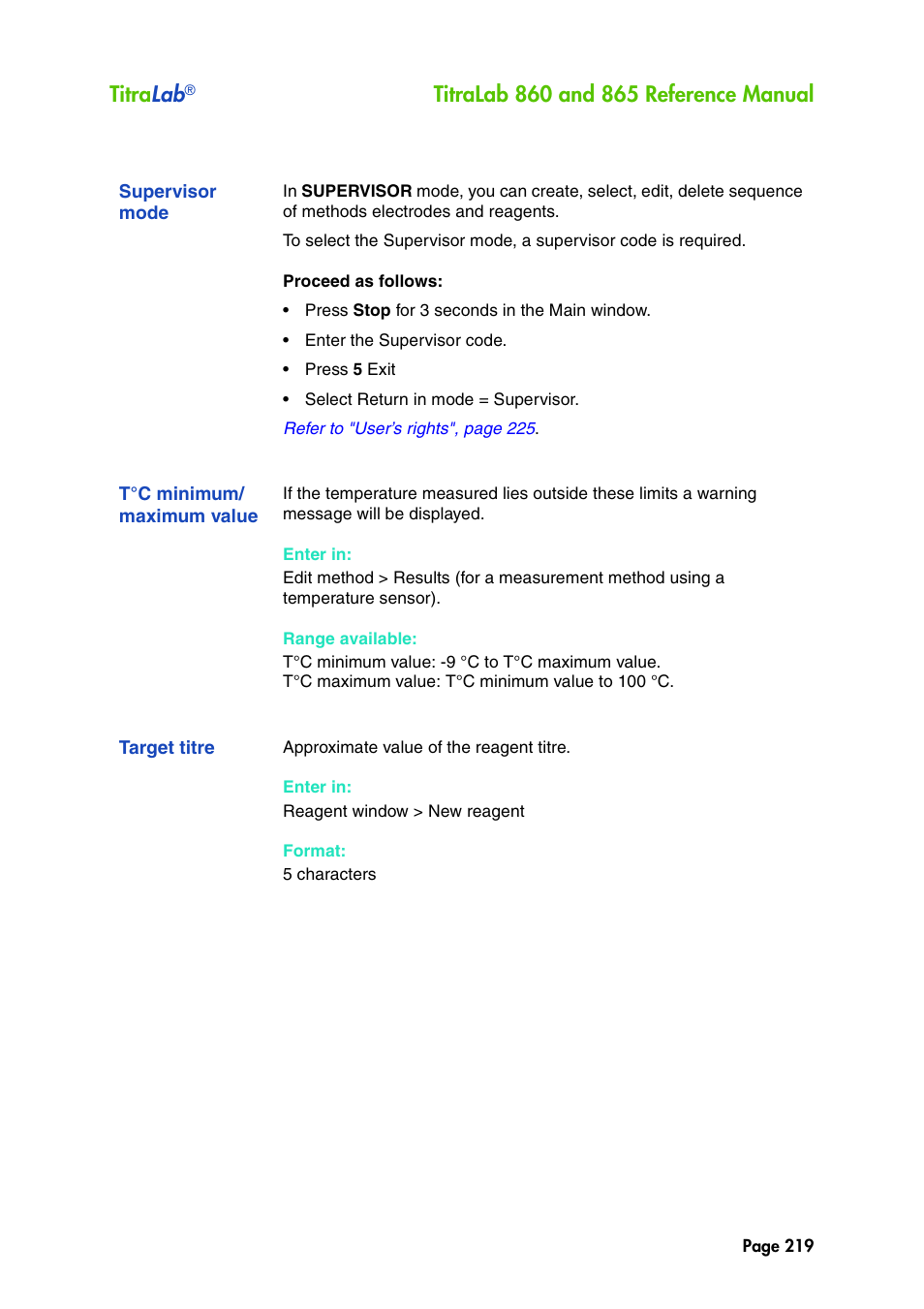 Supervisor mode, T˚c minimum/ maximum value, Target titre | T°c minimum/maximum value, Titra lab | Hach-Lange TITRALAB 860_865 Reference Manual User Manual | Page 219 / 244