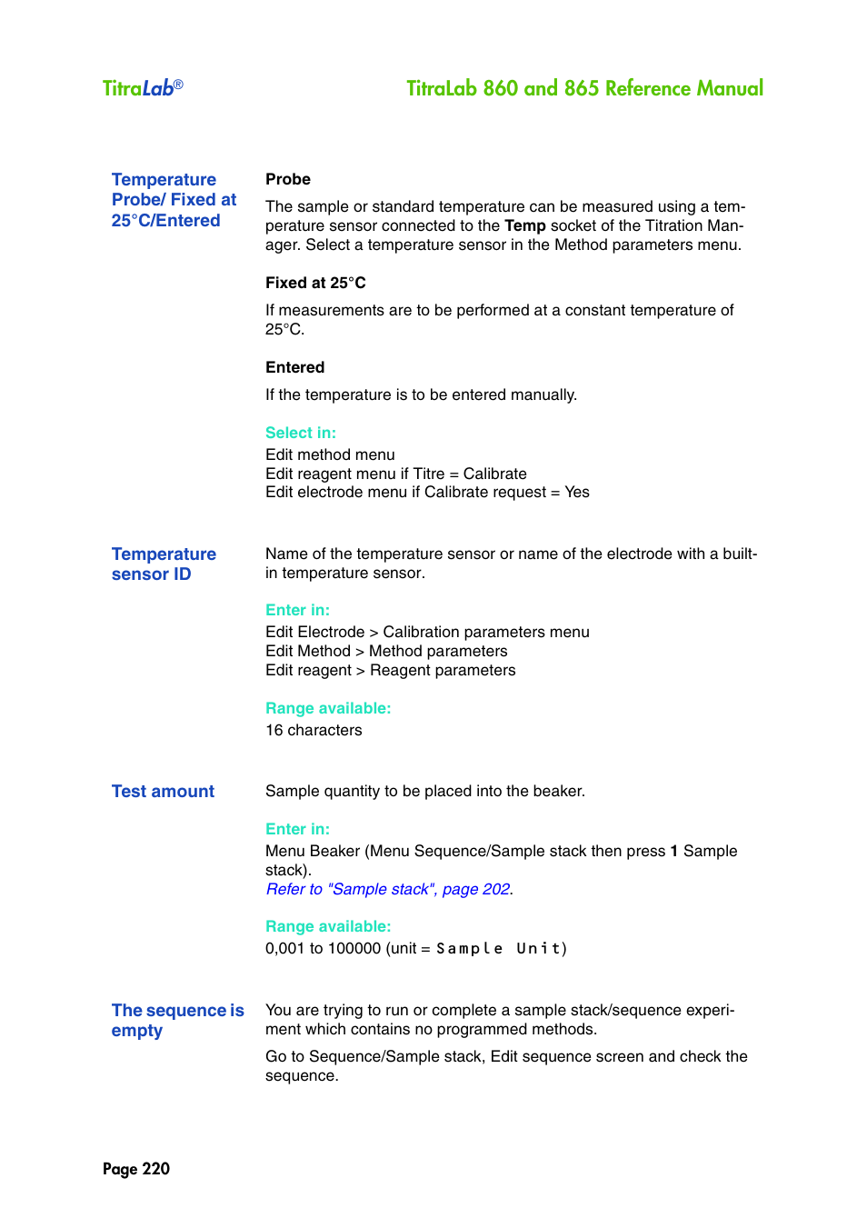 Temperature probe/ fixed at 25˚c/entered, Temperature sensor id, Test amount | The sequence is empty, Temperature probe/ fixed at 25°c/entered, Titra lab | Hach-Lange TITRALAB 860_865 Reference Manual User Manual | Page 220 / 244