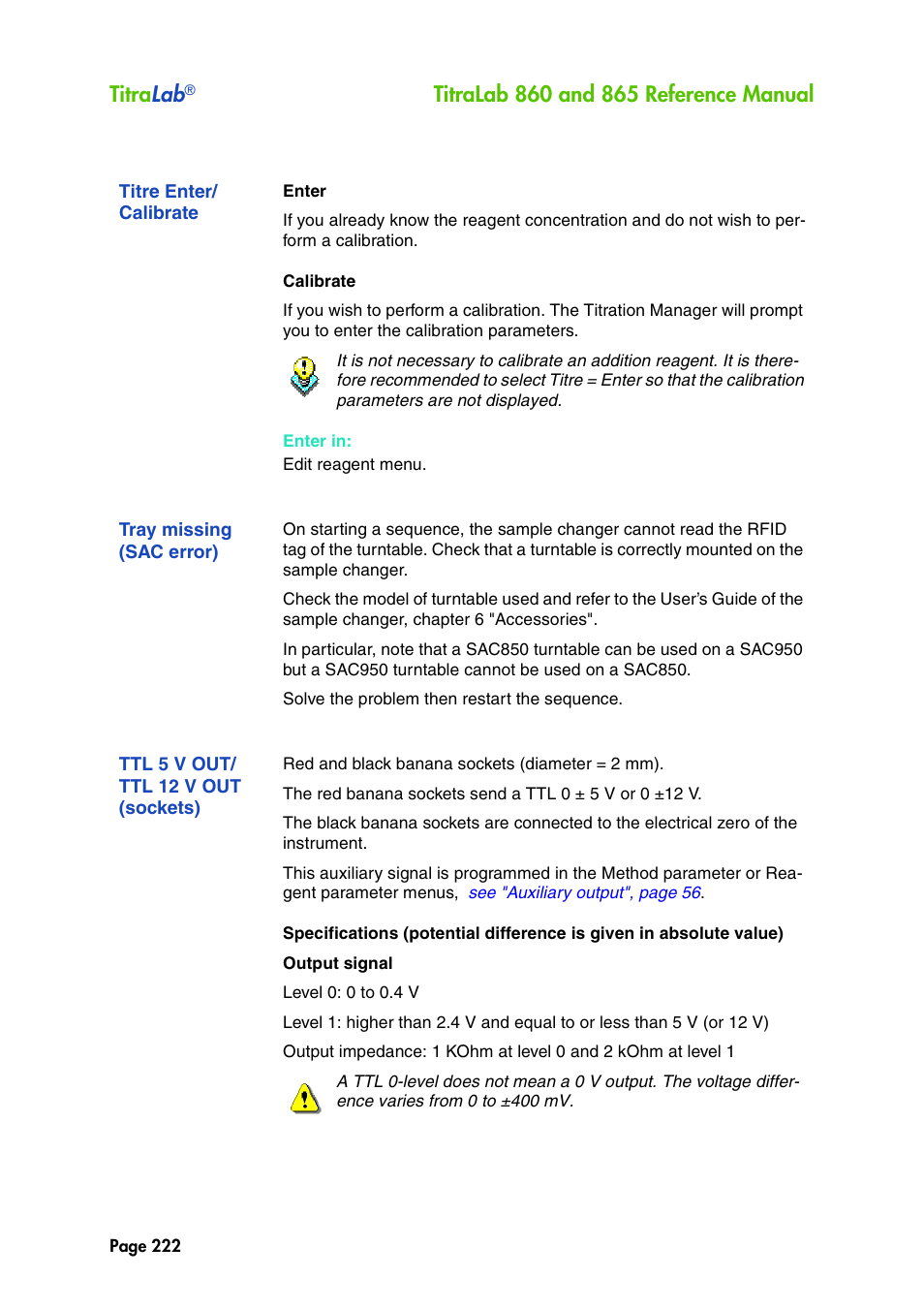 Titre enter/ calibrate, Tray missing (sac error), Ttl 5 v out/ ttl 12 v out (sockets) | Titre enter/calibrate, Ttl 5 v out/ttl 12 v out (sockets), Titra lab | Hach-Lange TITRALAB 860_865 Reference Manual User Manual | Page 222 / 244