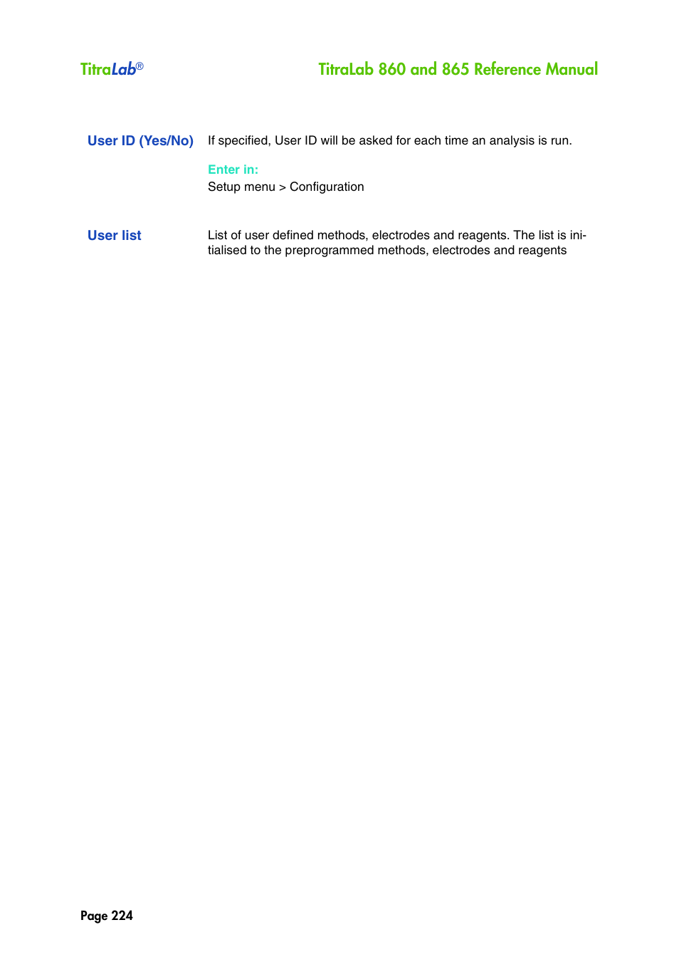 User id (yes/no), User list, Titra lab | Hach-Lange TITRALAB 860_865 Reference Manual User Manual | Page 224 / 244