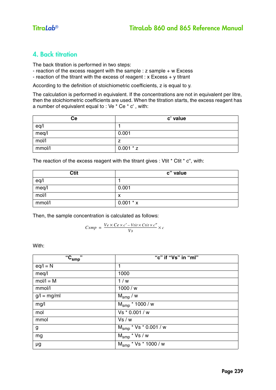Titra lab, Back titration | Hach-Lange TITRALAB 860_865 Reference Manual User Manual | Page 239 / 244