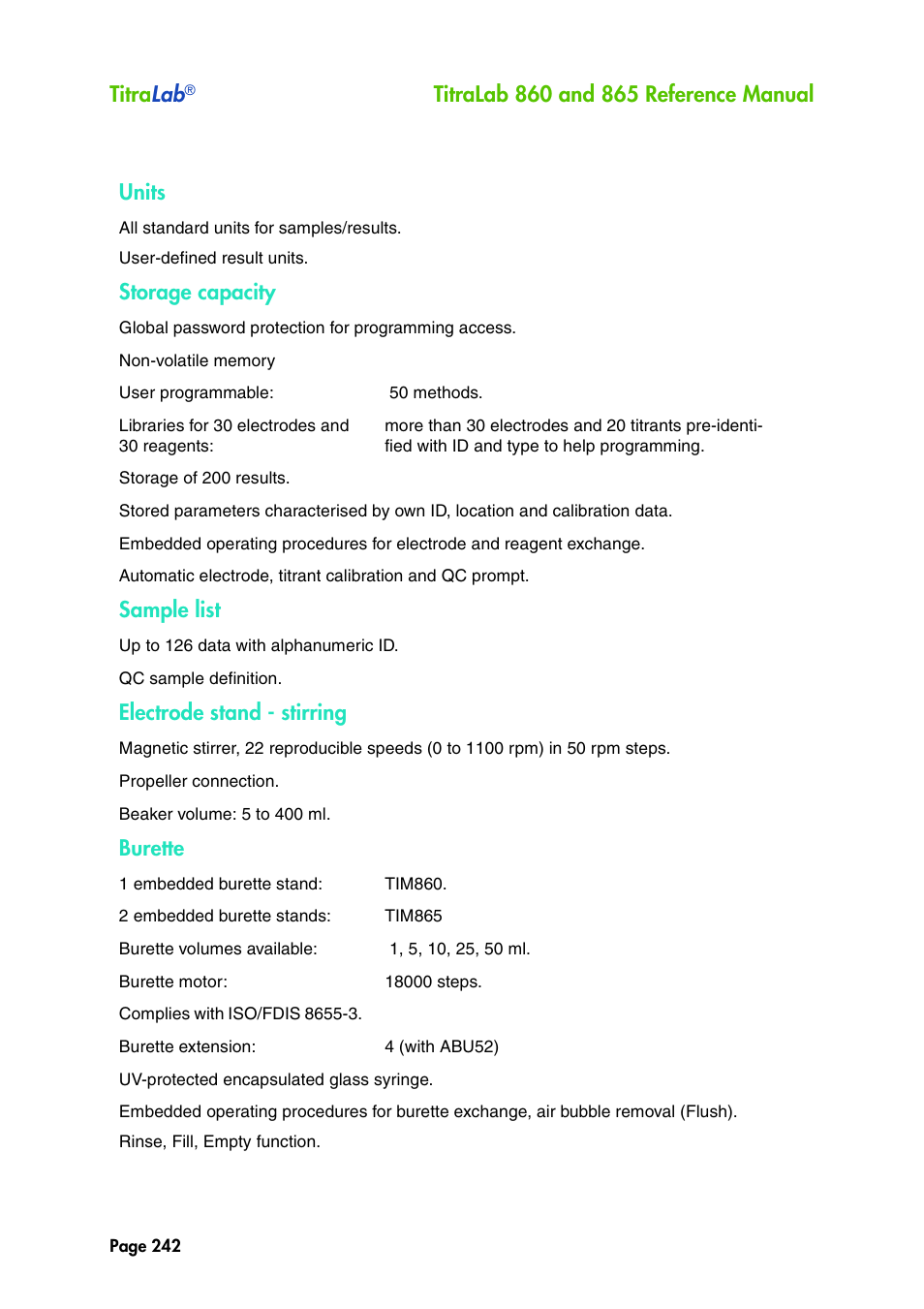 Titra lab, Units, Storage capacity | Sample list, Electrode stand - stirring, Burette | Hach-Lange TITRALAB 860_865 Reference Manual User Manual | Page 242 / 244