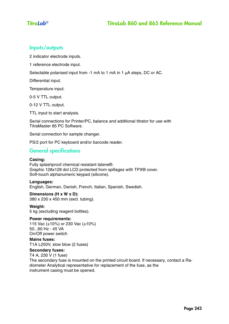 Titra lab, Inputs/outputs, General specifications | Hach-Lange TITRALAB 860_865 Reference Manual User Manual | Page 243 / 244