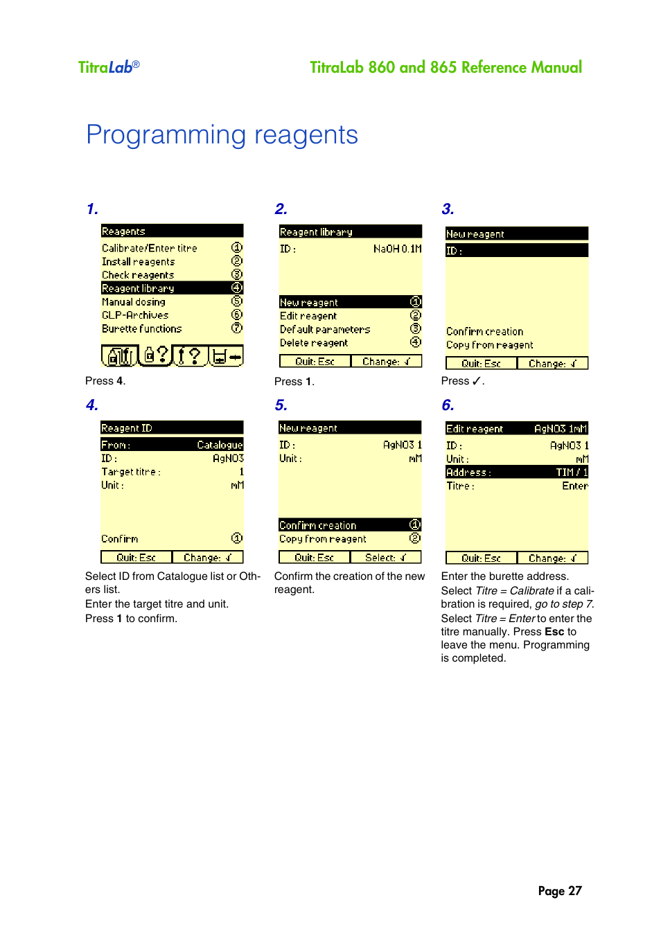Programming reagents | Hach-Lange TITRALAB 860_865 Reference Manual User Manual | Page 27 / 244