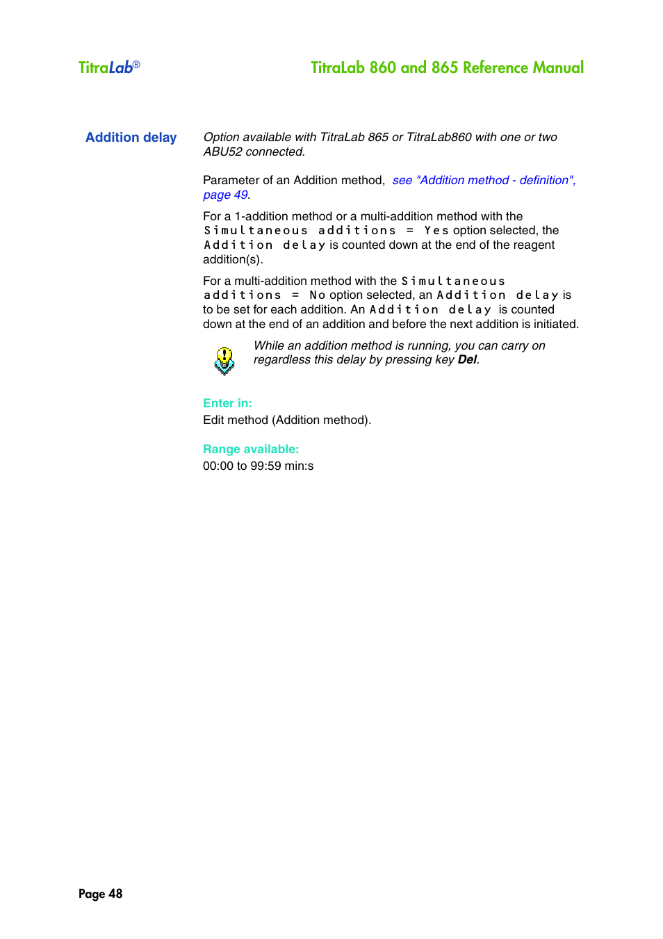 Addition delay, Titra lab | Hach-Lange TITRALAB 860_865 Reference Manual User Manual | Page 48 / 244