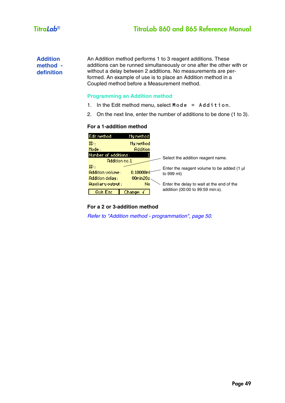 Addition method - definition, See "addition method - definition, Titra lab | Hach-Lange TITRALAB 860_865 Reference Manual User Manual | Page 49 / 244