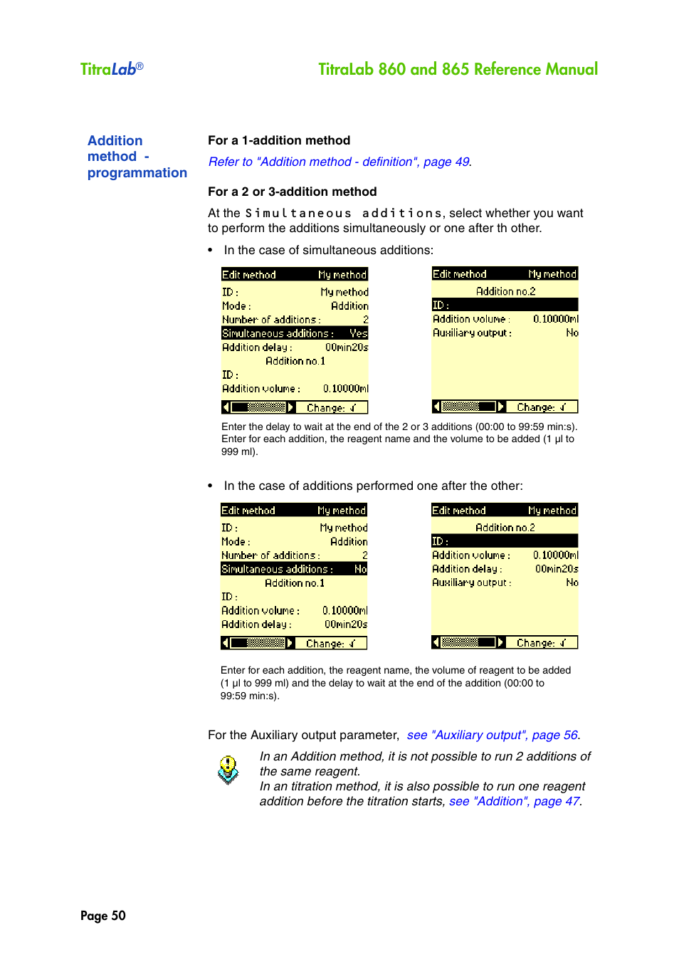 Addition method - programmation, Titra lab | Hach-Lange TITRALAB 860_865 Reference Manual User Manual | Page 50 / 244