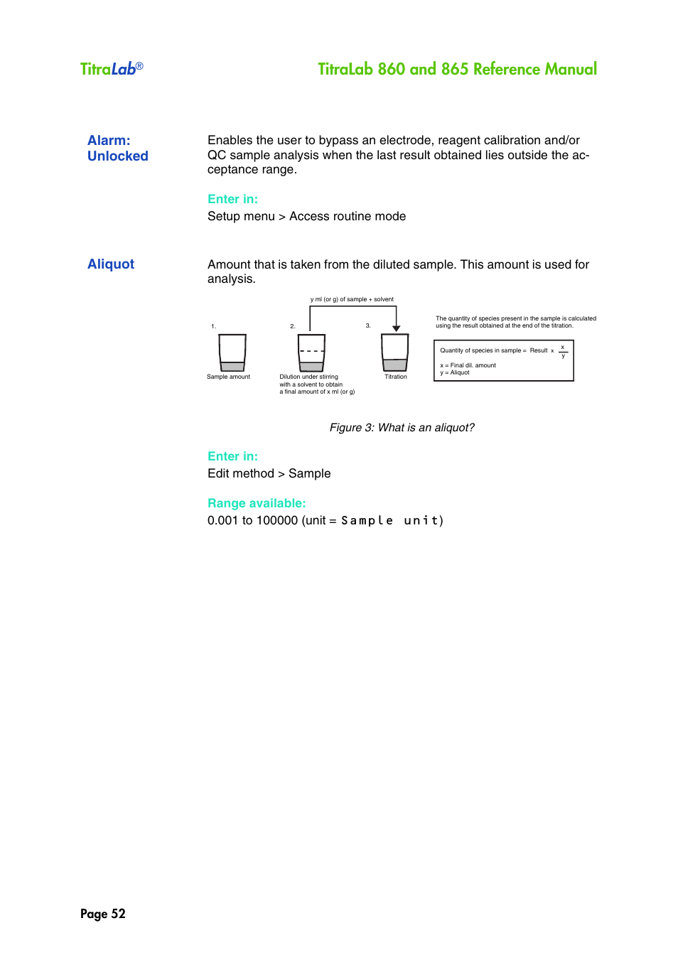 Alarm: unlocked, Aliquot, Titra lab | Page 52 | Hach-Lange TITRALAB 860_865 Reference Manual User Manual | Page 52 / 244
