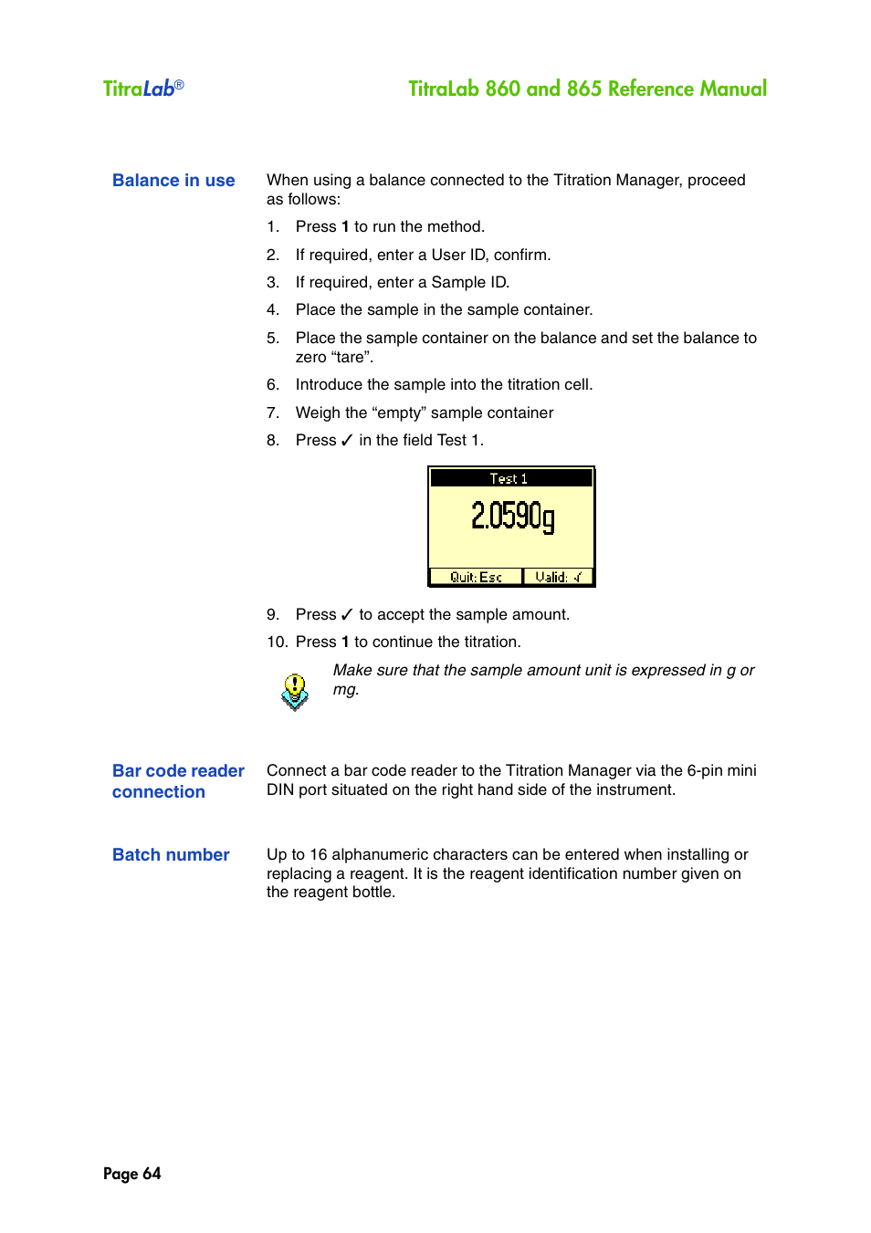 Balance in use, Bar code reader connection, Batch number | Titra lab | Hach-Lange TITRALAB 860_865 Reference Manual User Manual | Page 64 / 244