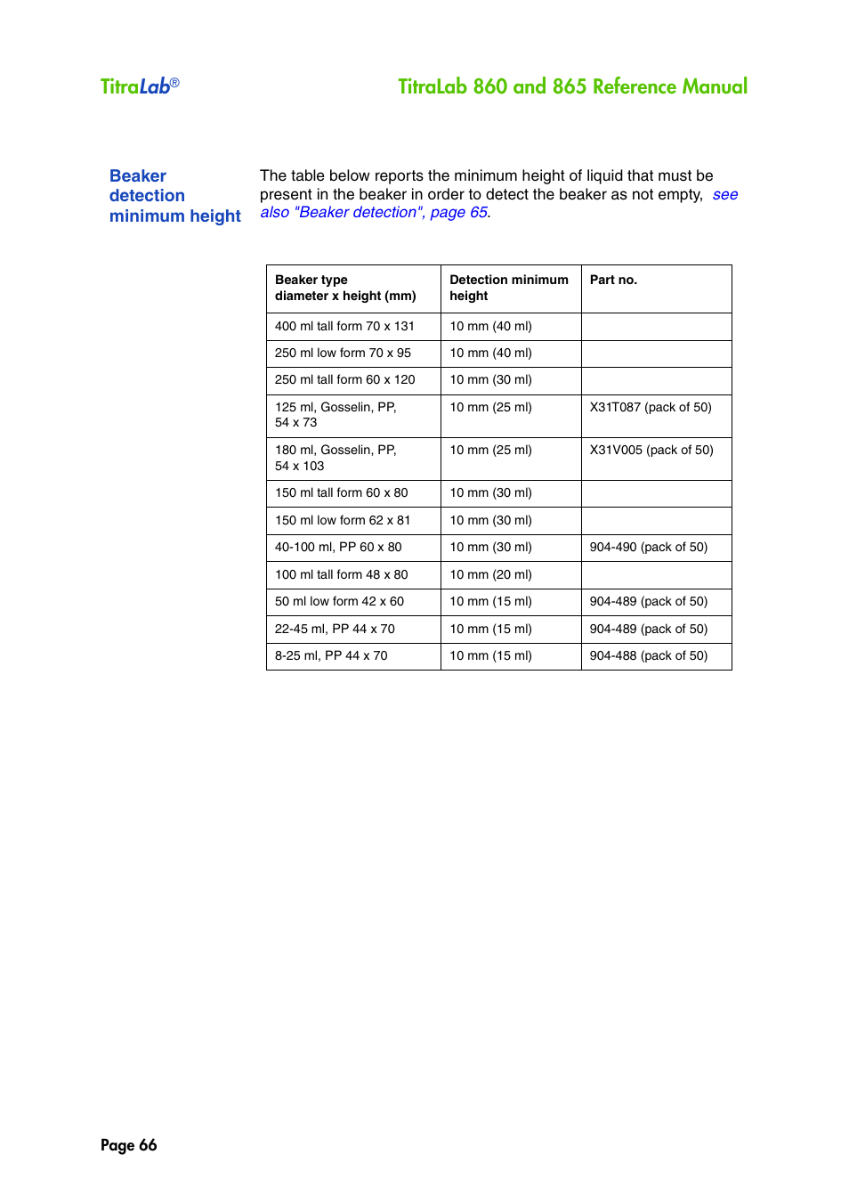 Beaker detection minimum height, Titra lab | Hach-Lange TITRALAB 860_865 Reference Manual User Manual | Page 66 / 244