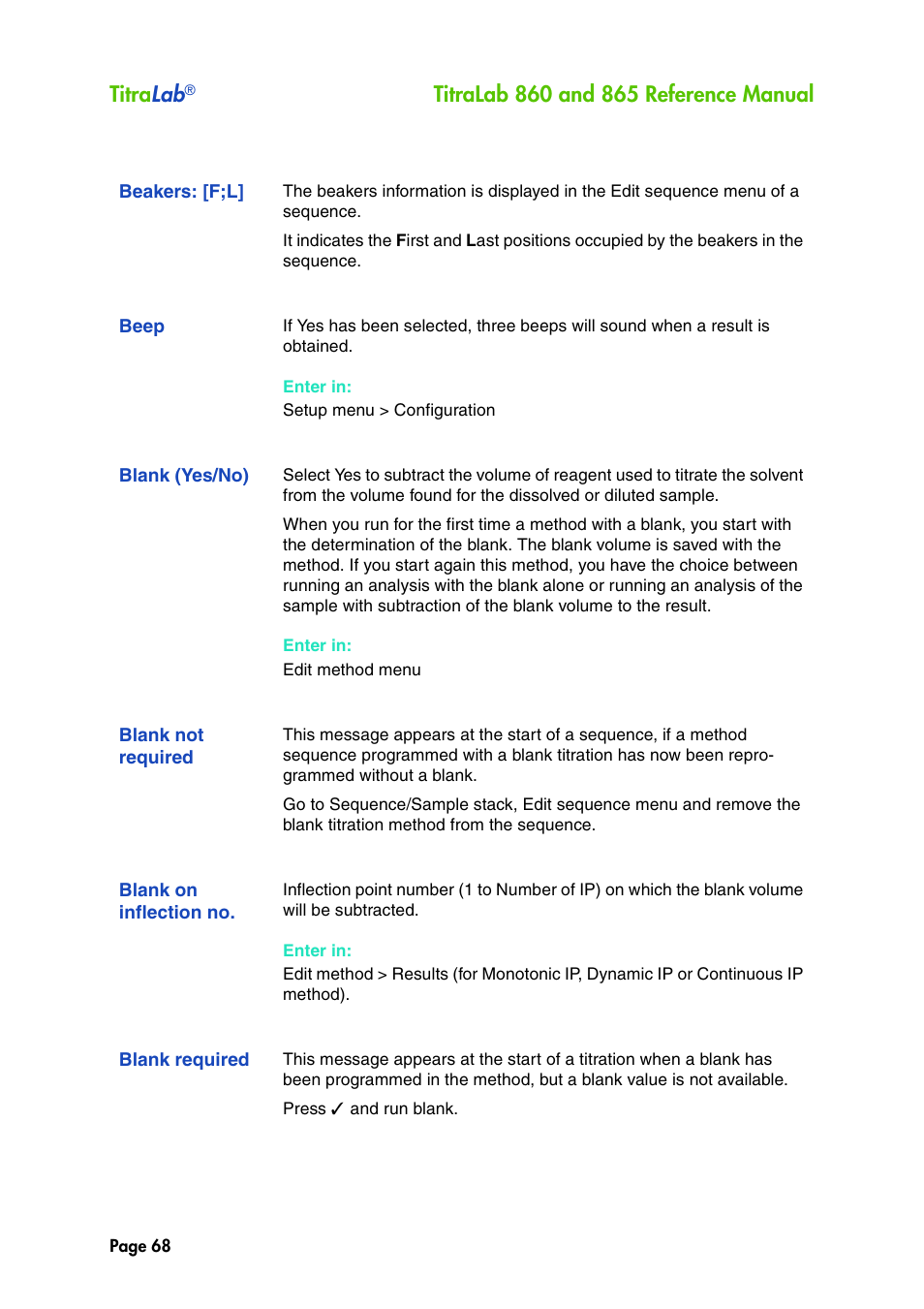 Beakers: [f;l, Beep, Blank (yes/no) | Blank not required, Blank on inflection no, Blank required, Titra lab | Hach-Lange TITRALAB 860_865 Reference Manual User Manual | Page 68 / 244