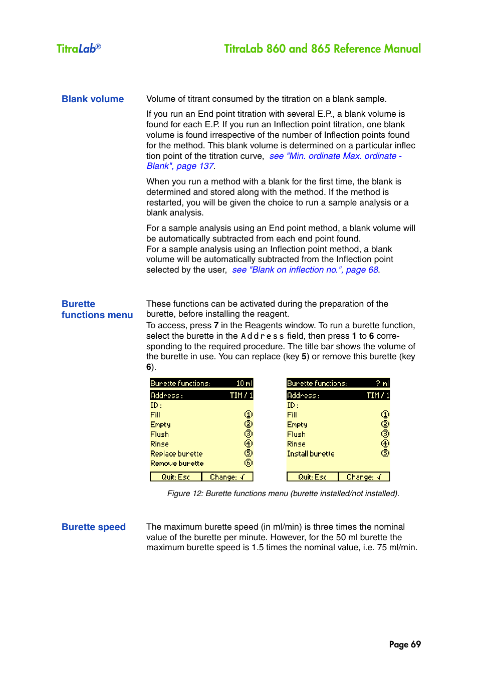 Blank volume, Burette functions menu, Burette speed | Titra lab | Hach-Lange TITRALAB 860_865 Reference Manual User Manual | Page 69 / 244