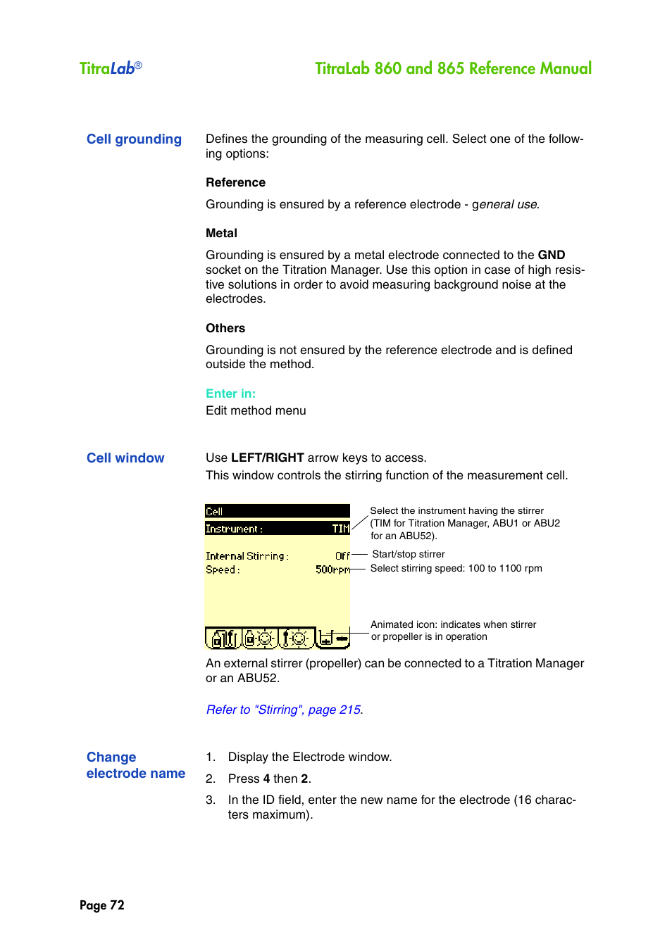Cell grounding, Cell window, Change electrode name | Titra lab | Hach-Lange TITRALAB 860_865 Reference Manual User Manual | Page 72 / 244