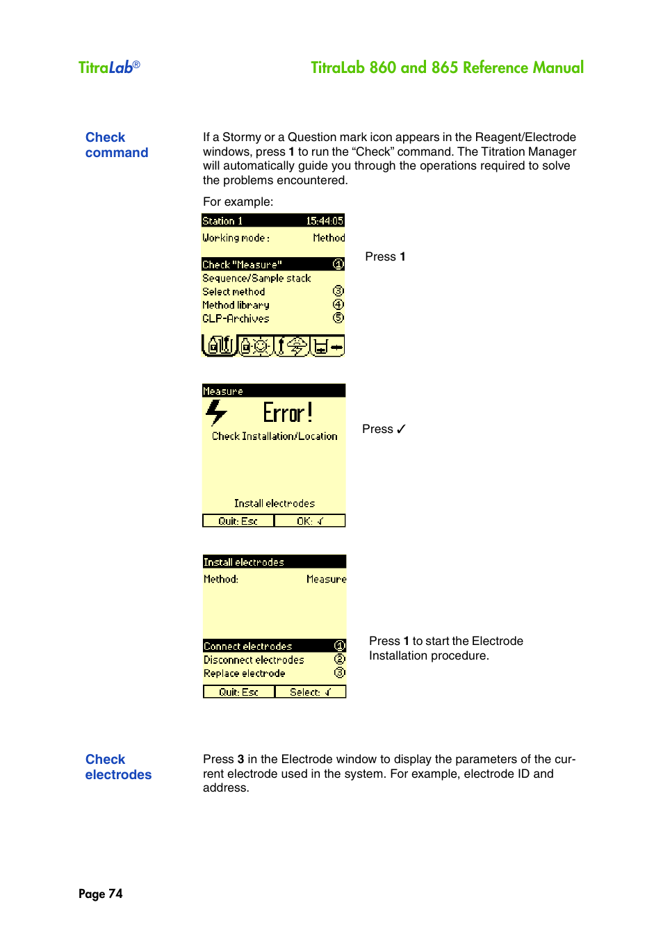 Check command, Check electrodes, Titra lab | Hach-Lange TITRALAB 860_865 Reference Manual User Manual | Page 74 / 244