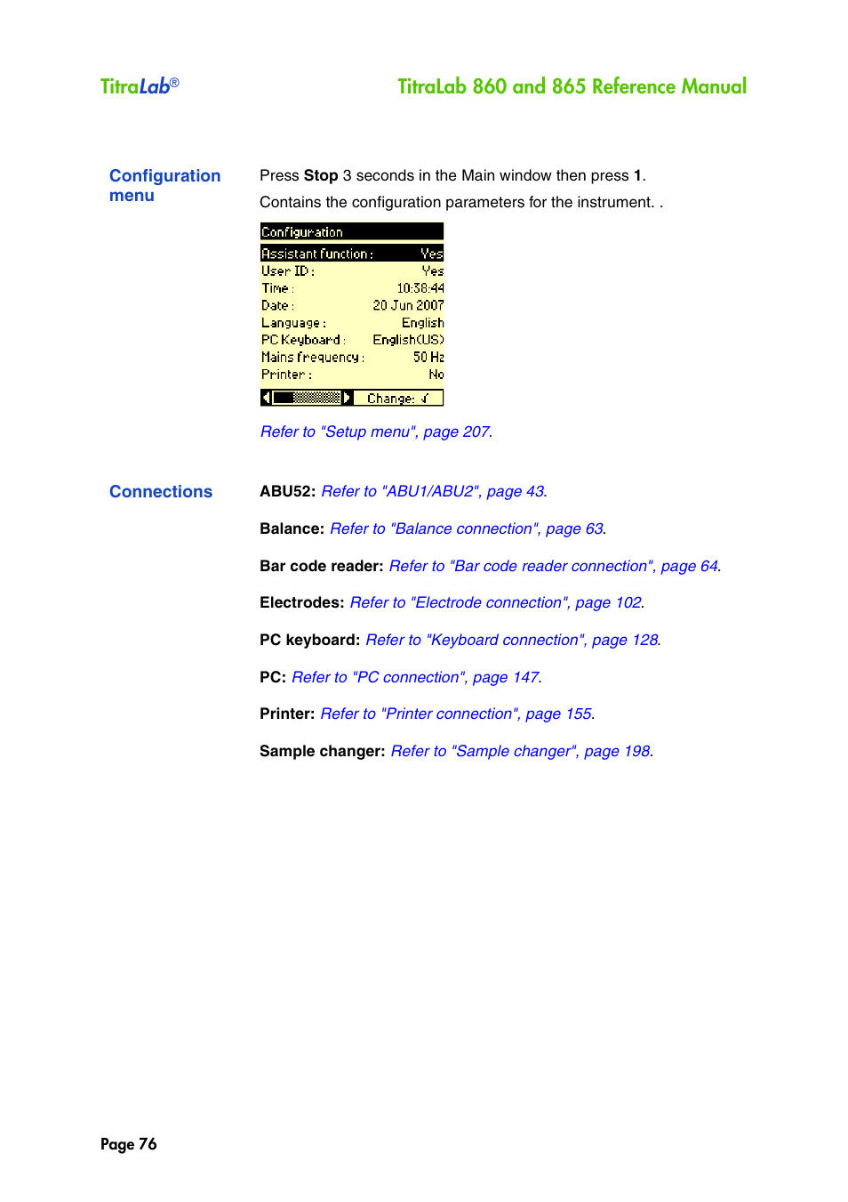 Configuration menu, Connections, Titra lab | Hach-Lange TITRALAB 860_865 Reference Manual User Manual | Page 76 / 244