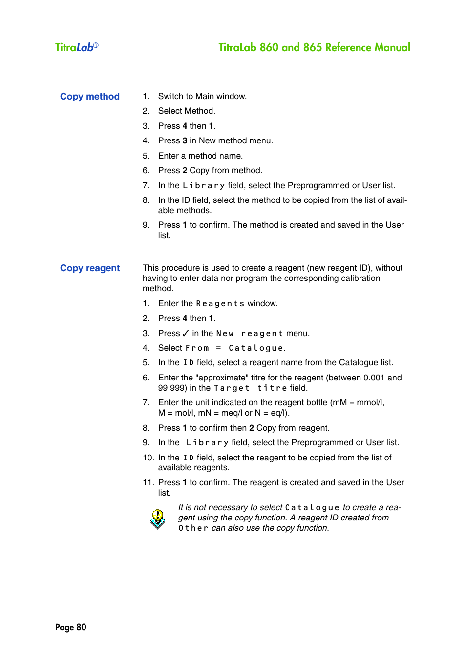 Copy method, Copy reagent, Titra lab | Hach-Lange TITRALAB 860_865 Reference Manual User Manual | Page 80 / 244