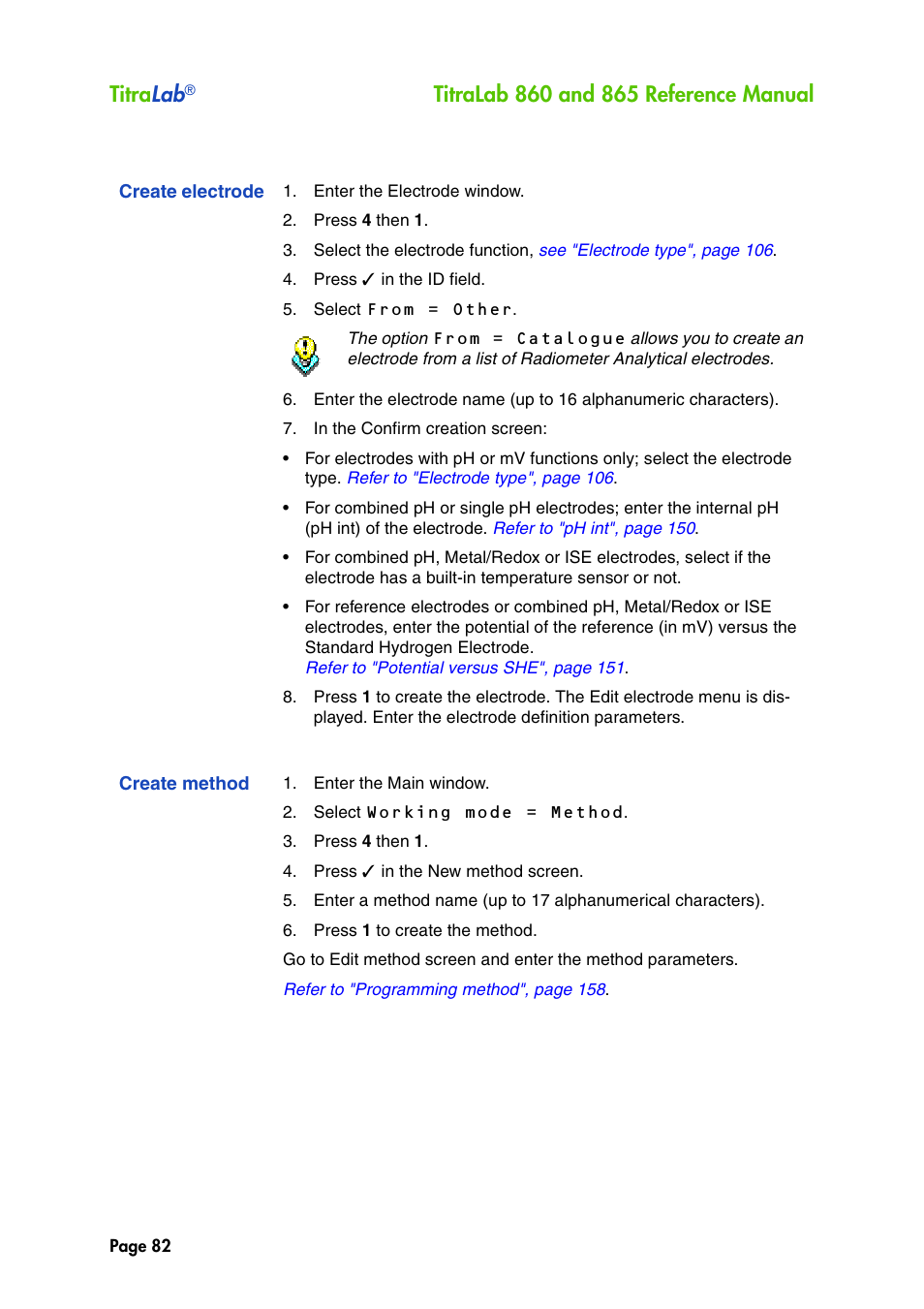 Create electrode, Create method, Titra lab | Hach-Lange TITRALAB 860_865 Reference Manual User Manual | Page 82 / 244