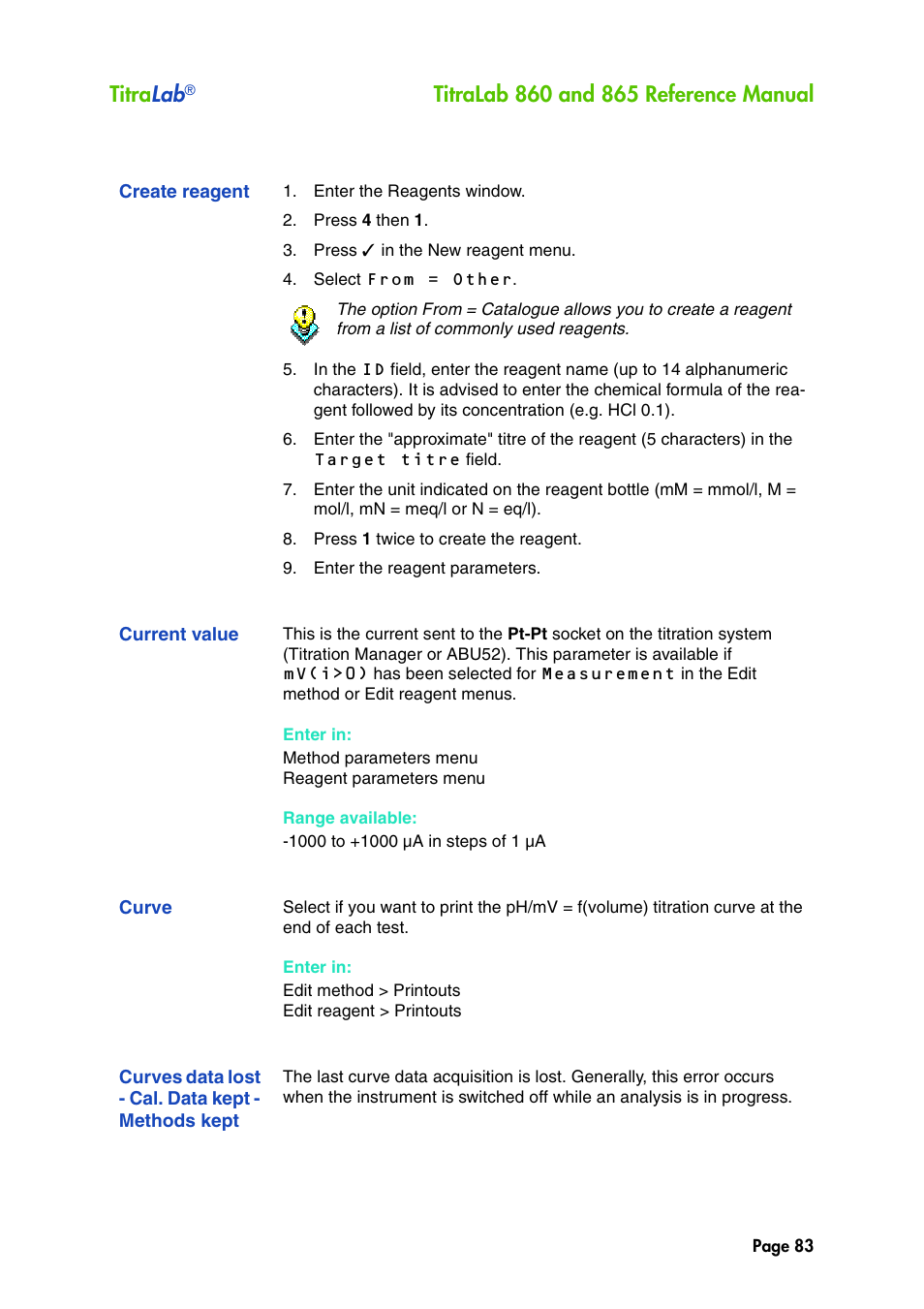 Create reagent, Current value, Curve | Curves data lost - cal. data kept - methods kept, Titra lab | Hach-Lange TITRALAB 860_865 Reference Manual User Manual | Page 83 / 244