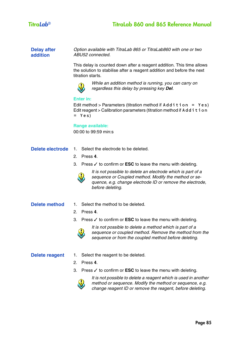 Delay after addition, Delete electrode, Delete method | Delete reagent, Titra lab | Hach-Lange TITRALAB 860_865 Reference Manual User Manual | Page 85 / 244