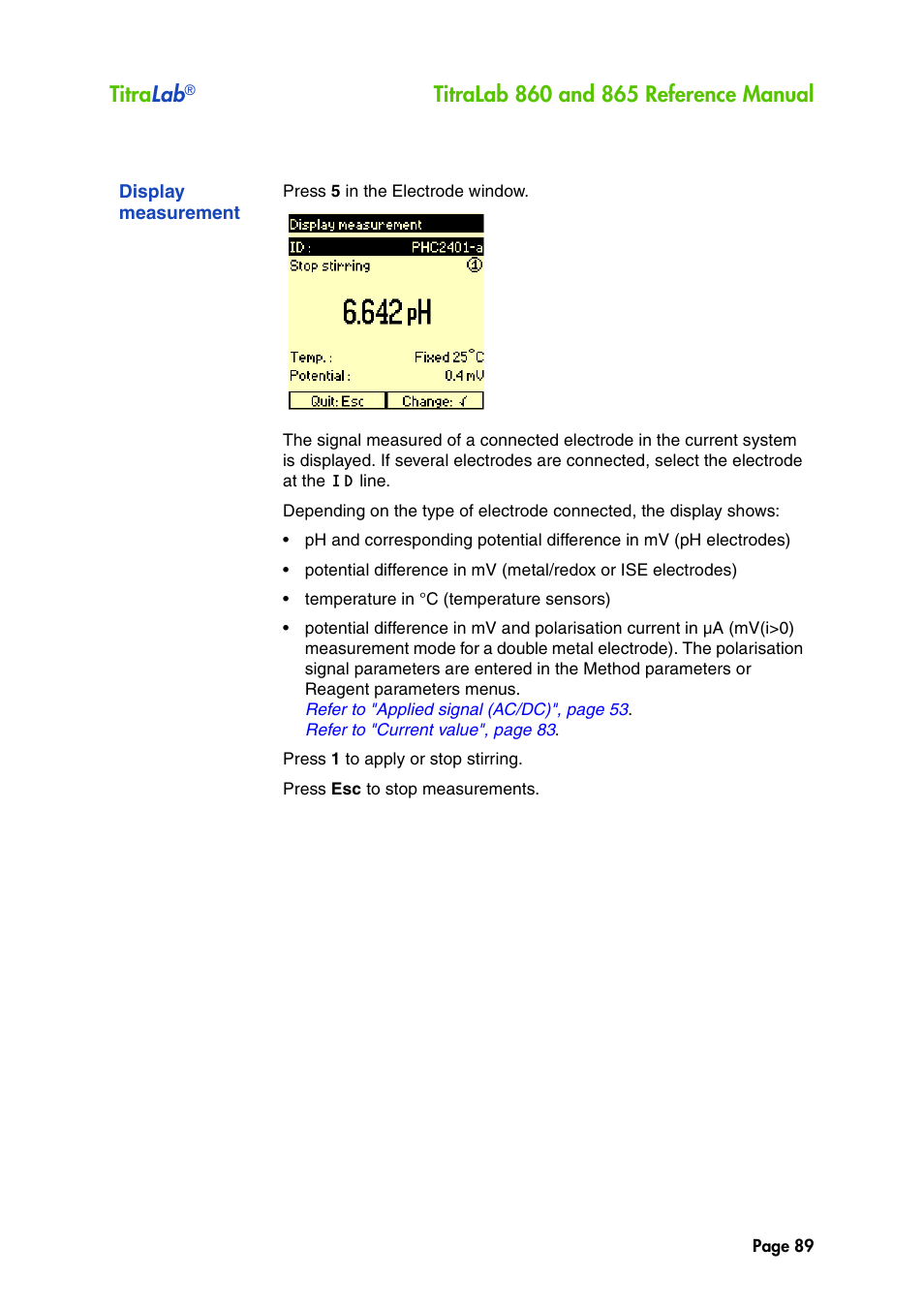 Display measurement, Titra lab | Hach-Lange TITRALAB 860_865 Reference Manual User Manual | Page 89 / 244