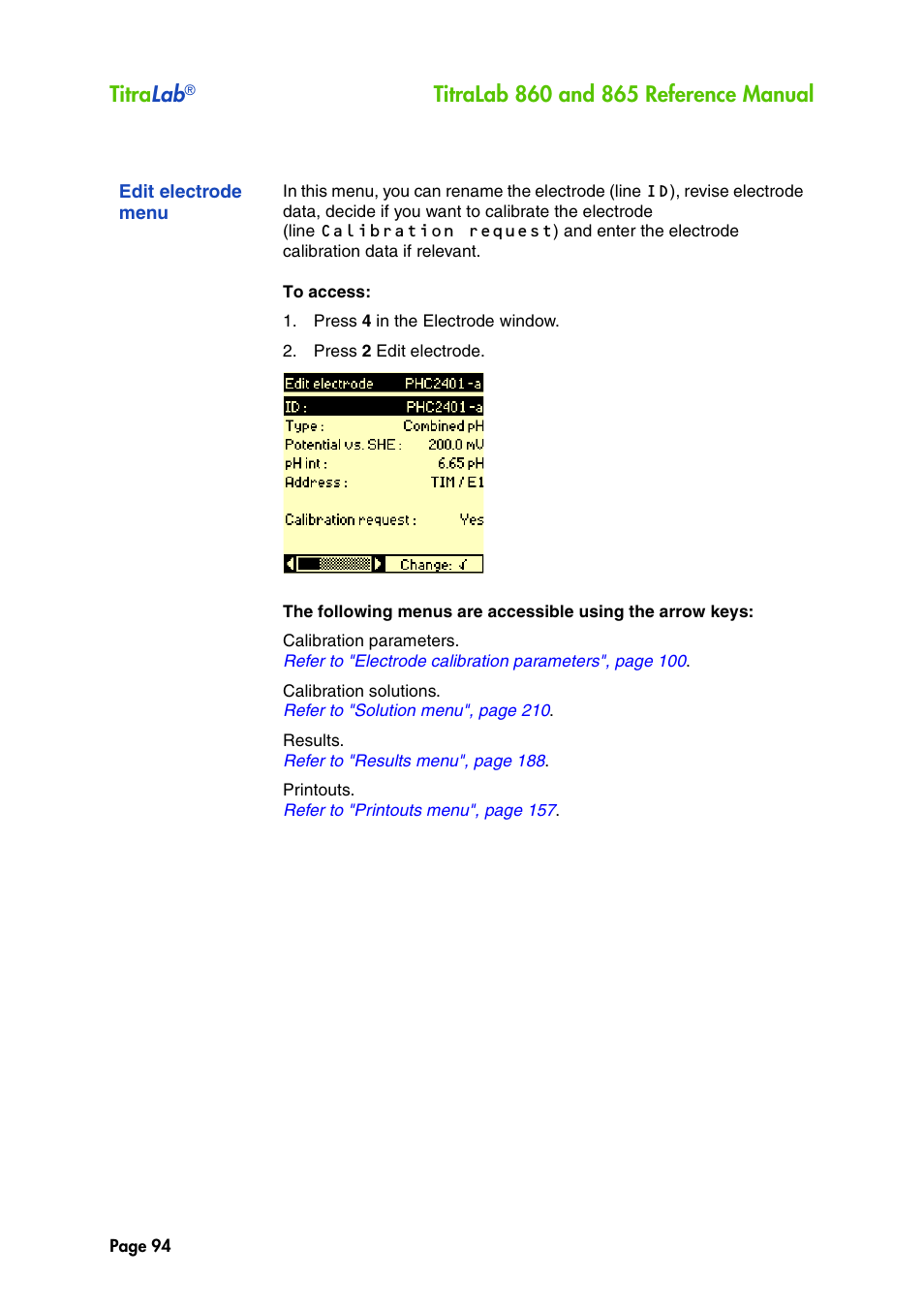 Edit electrode menu, Titra lab | Hach-Lange TITRALAB 860_865 Reference Manual User Manual | Page 94 / 244