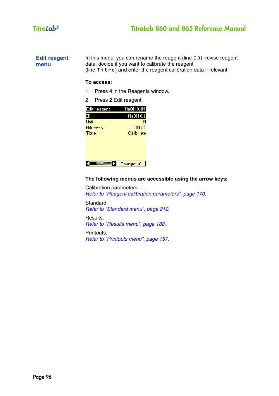 Edit reagent menu, Titra lab | Hach-Lange TITRALAB 860_865 Reference Manual User Manual | Page 96 / 244