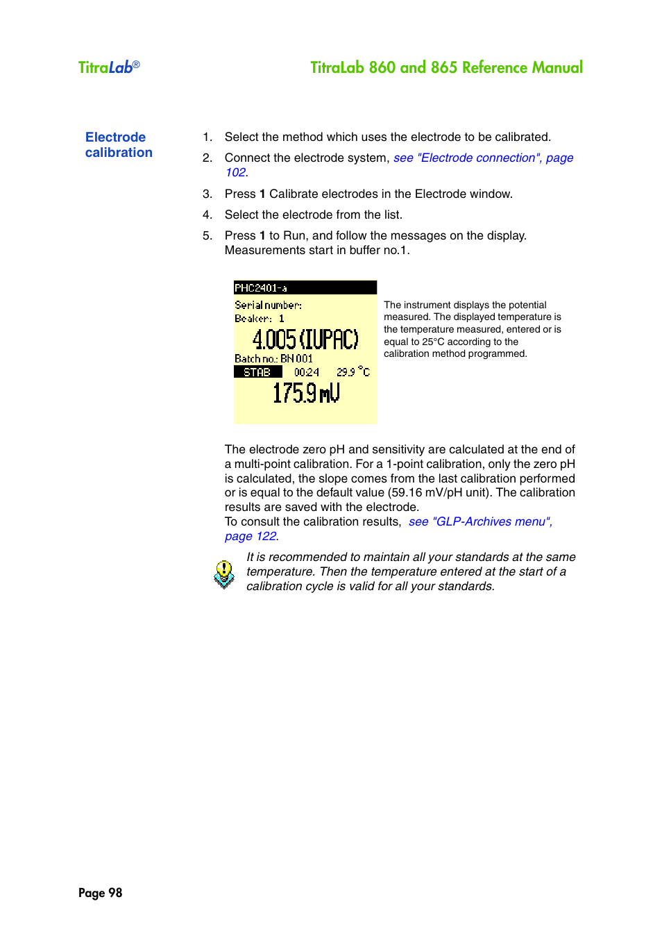 Electrode calibration, Titra lab | Hach-Lange TITRALAB 860_865 Reference Manual User Manual | Page 98 / 244